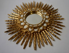 Mid-Century Modern Gold Leaf Sunburst Convex Mirror, Italy, 1950s