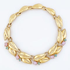 Gold Leaf Link Choker Necklace With Faux Opals By Givenchy, 1980s