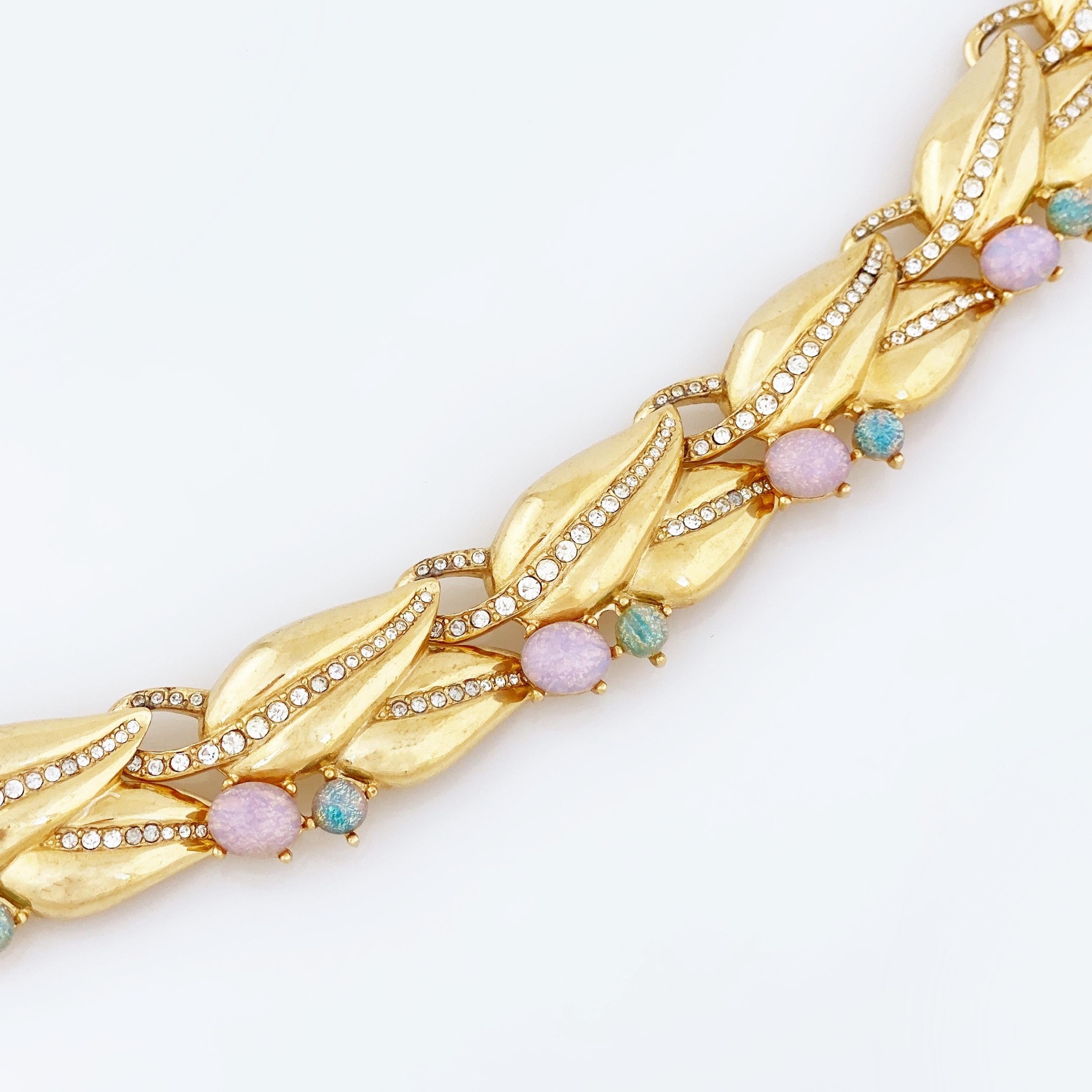 Modern Gold Leaf Link Choker Necklace With Faux Opals By Givenchy, 1980s For Sale