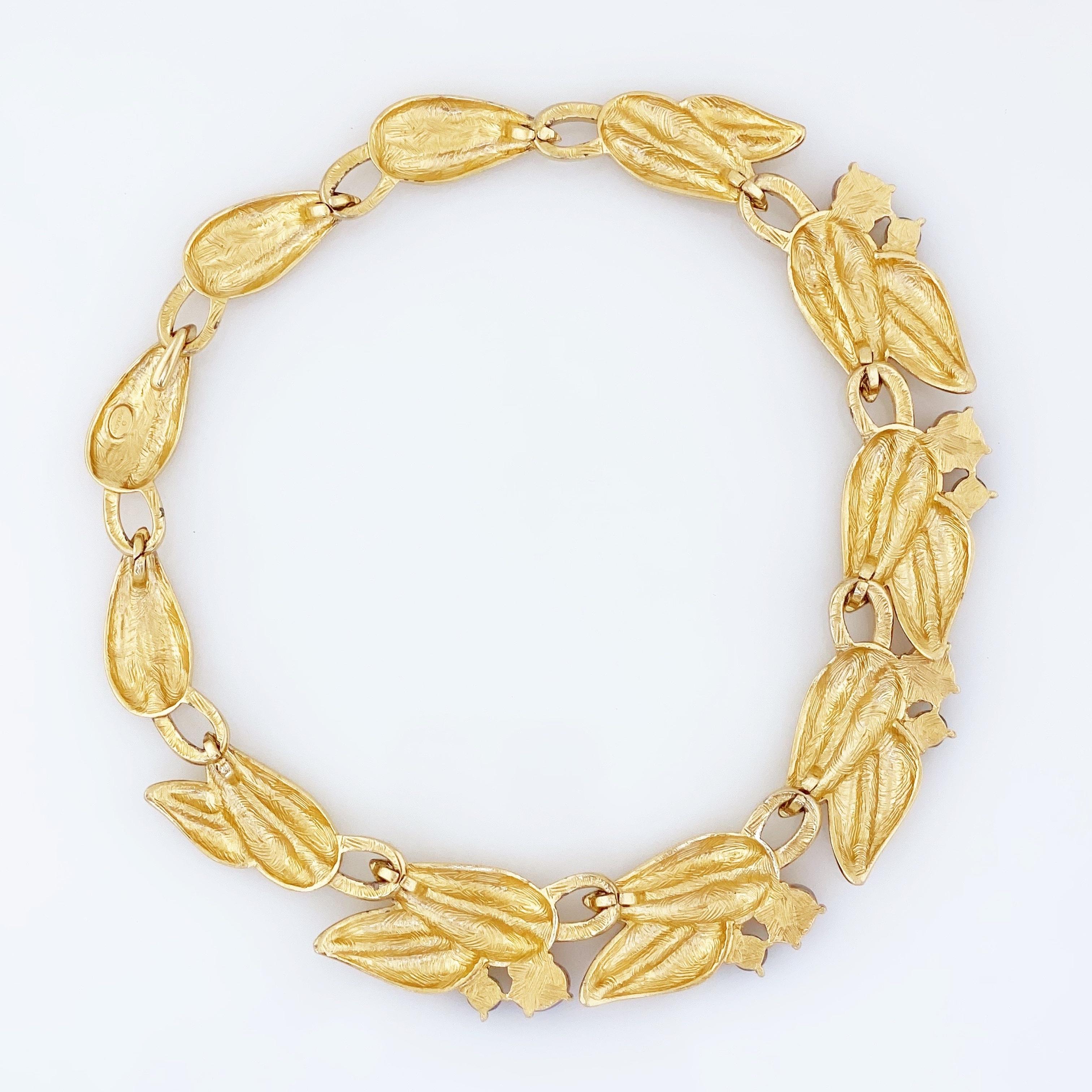 Gold Leaf Link Choker Necklace With Faux Opals By Givenchy, 1980s In Good Condition For Sale In McKinney, TX