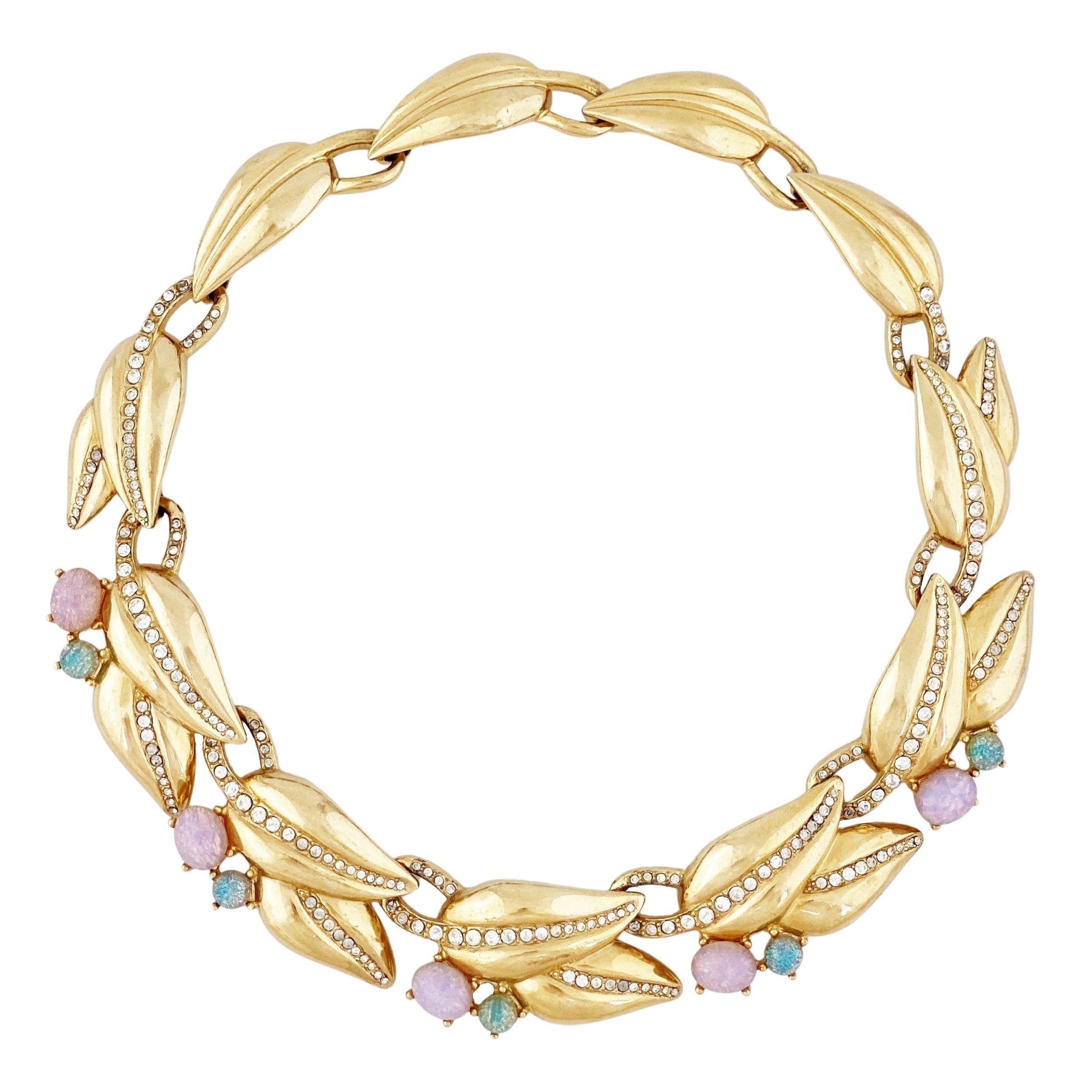 Gold Leaf Link Choker Necklace With Faux Opals By Givenchy, 1980s
