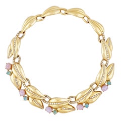 Vintage Gold Leaf Link Choker Necklace With Faux Opals By Givenchy, 1980s