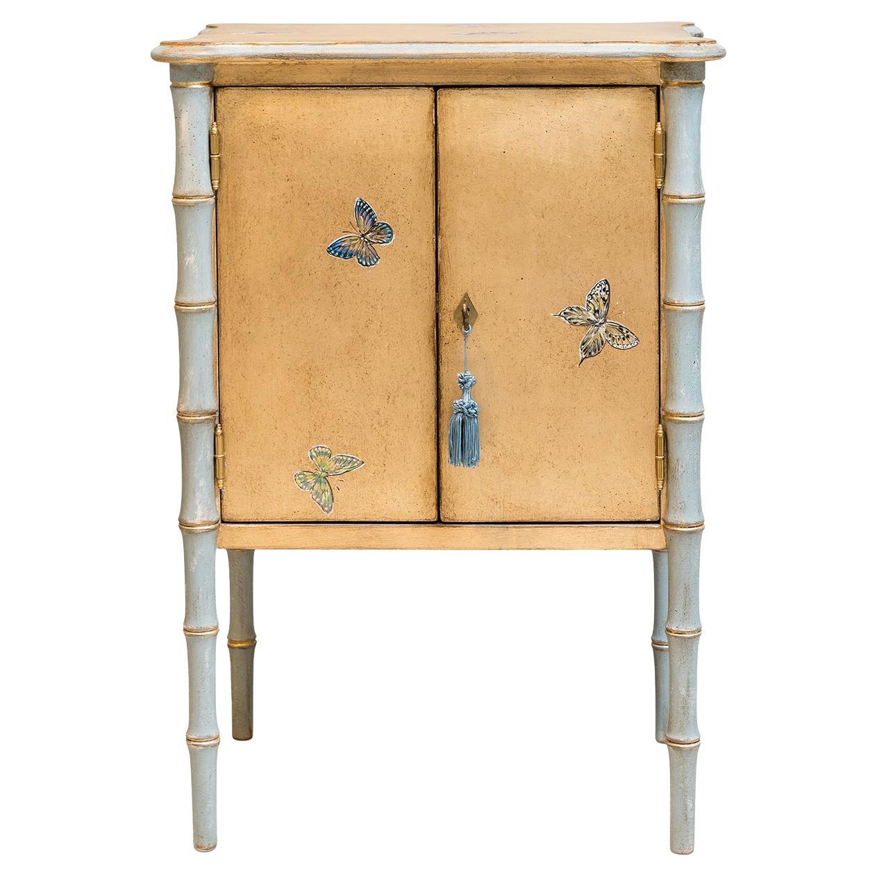 Gold-Leaf Lombardia Bamboo Nightstand with Butterflies For Sale