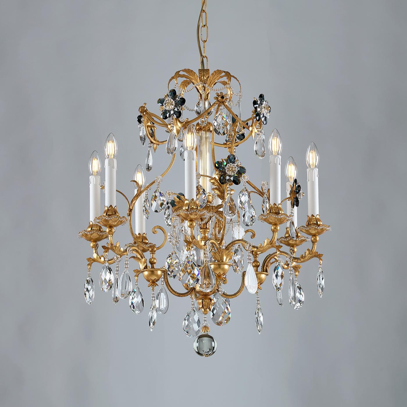 Gold Leaf Metal and Fumè Crystal Flowers 8-light Chandelier by Epoca Lampadari In condizioni Nuovo in vendita a Milan, IT