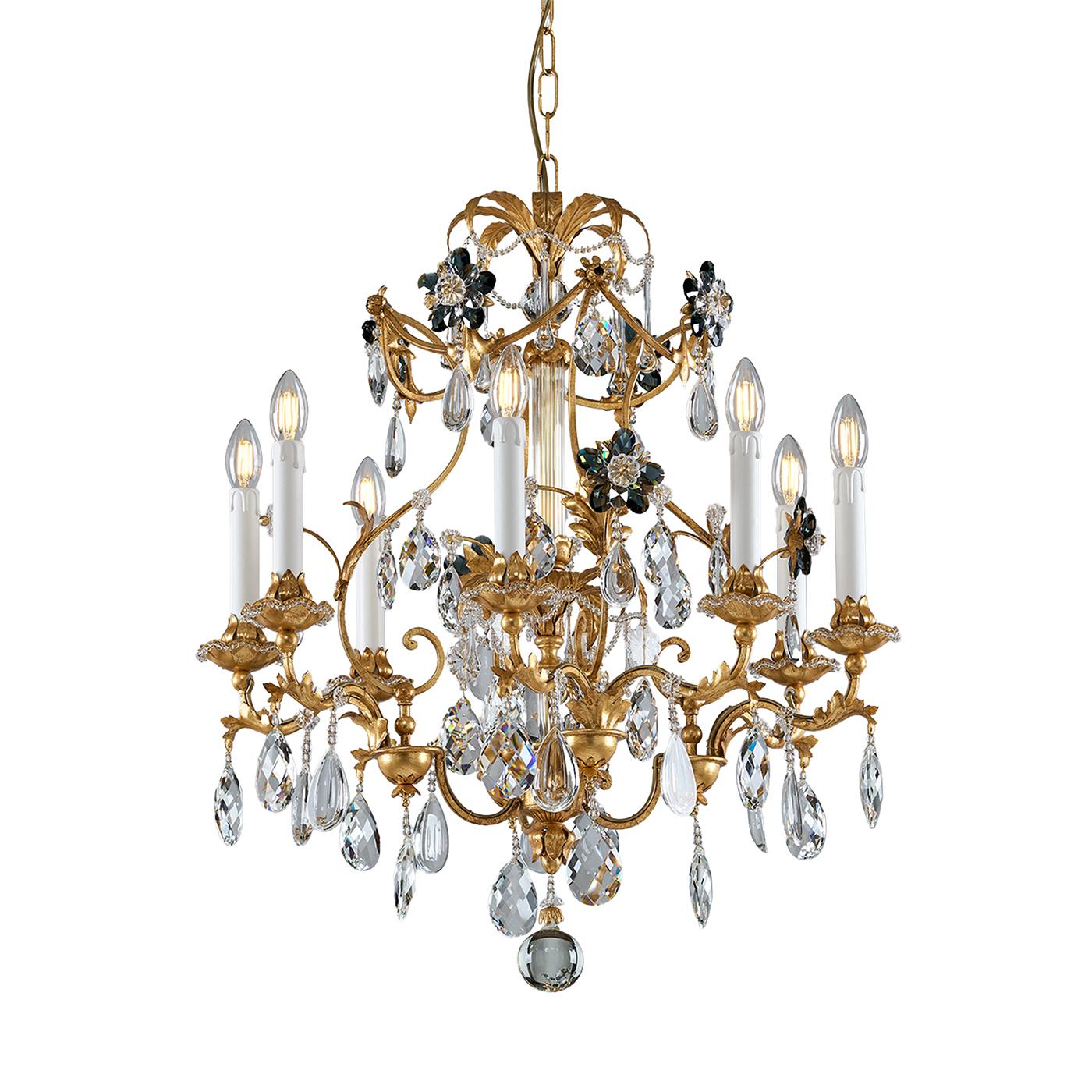 Gold Leaf Metal and Fumè Crystal Flowers 8-light Chandelier by Epoca Lampadari in vendita 1