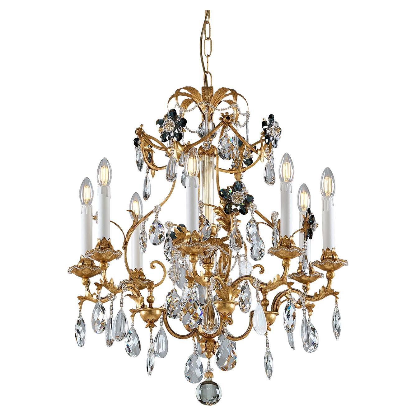 Gold Leaf Metal and Fumè Crystal Flowers 8-light Chandelier by Epoca Lampadari in vendita