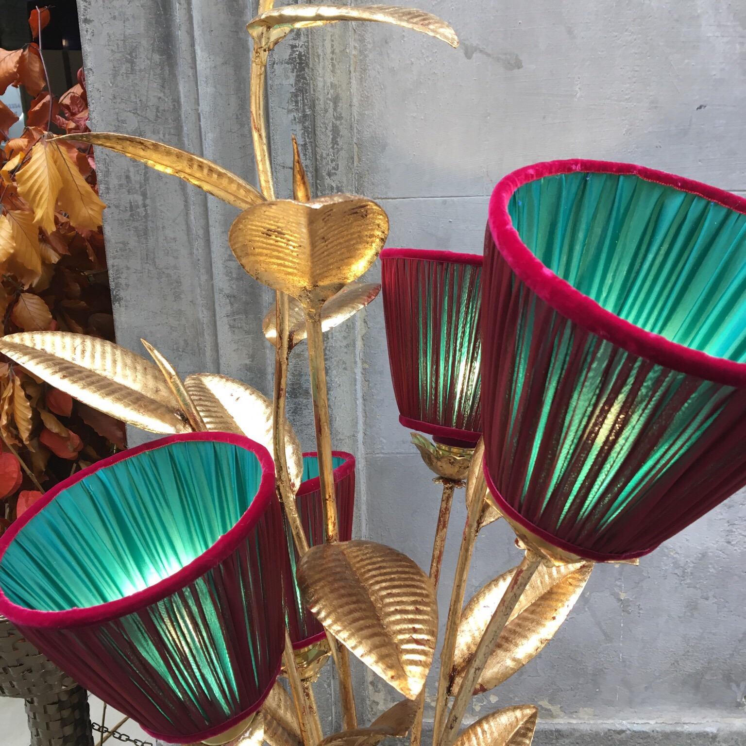 Gold Leaf Metal Floor Lamp Plant Shaped with Double Colored Lampshades, 1950s 1