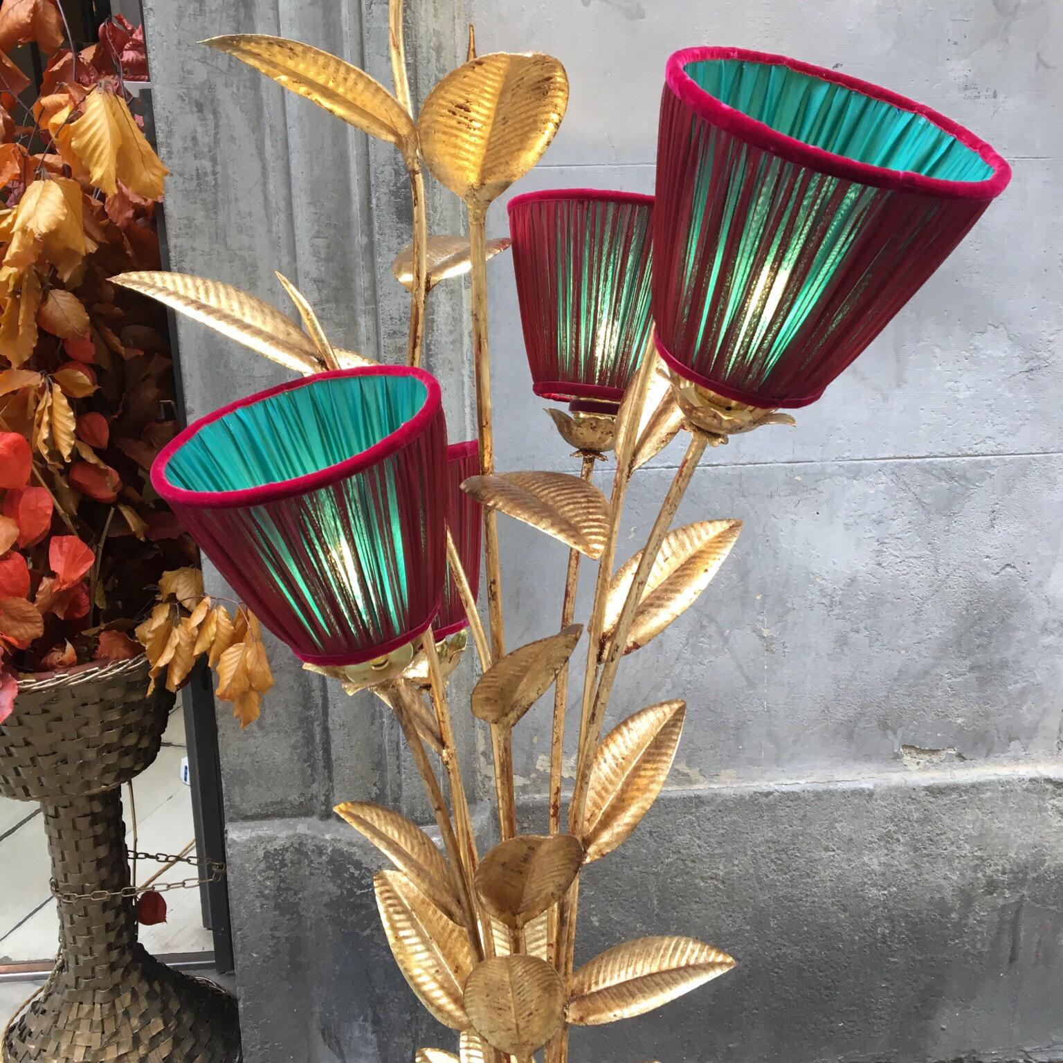Gold Leaf Metal Floor Lamp Plant Shaped with Double Colored Lampshades, 1950s 2