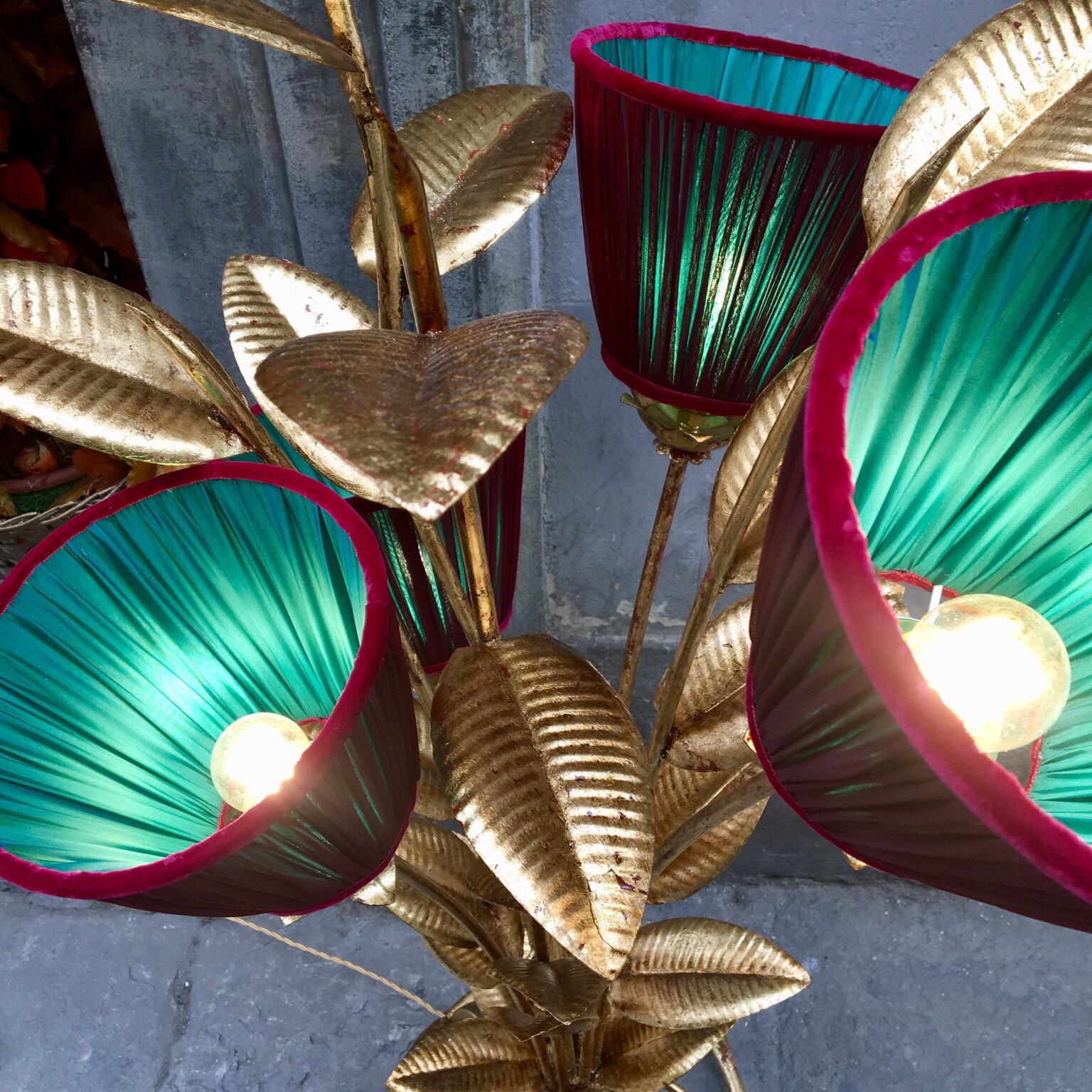 Gold Leaf Metal Floor Lamp Plant Shaped with Double Colored Lampshades, 1950s 3