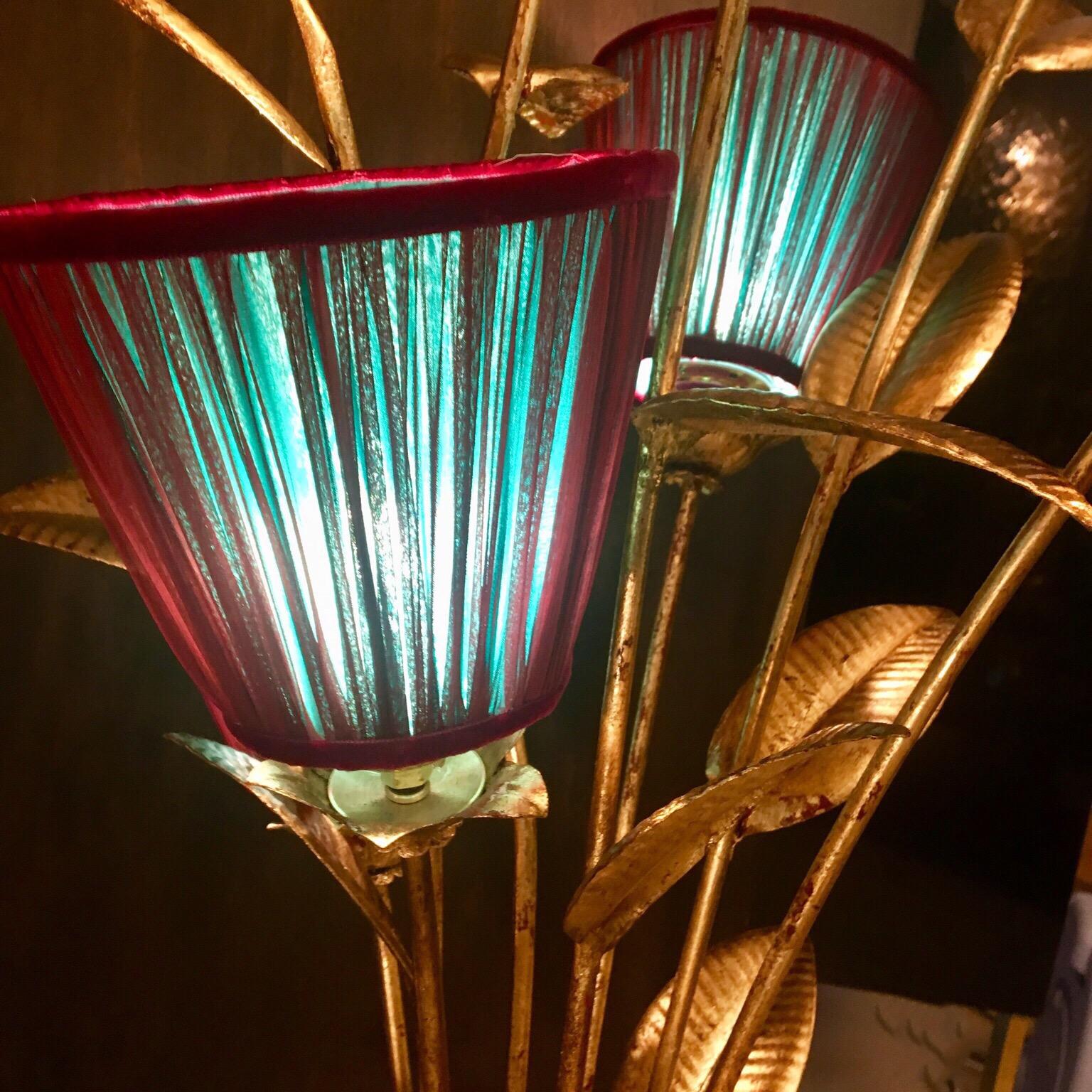 Gold Leaf Metal Floor Lamp Plant Shaped with Double Colored Lampshades, 1950s 4