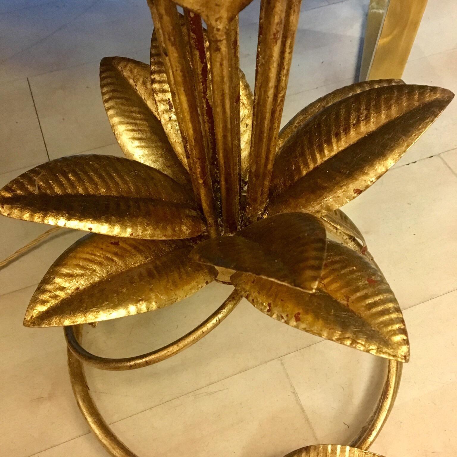 Gold Leaf Metal Floor Lamp Plant Shaped with Double Colored Lampshades, 1950s 6