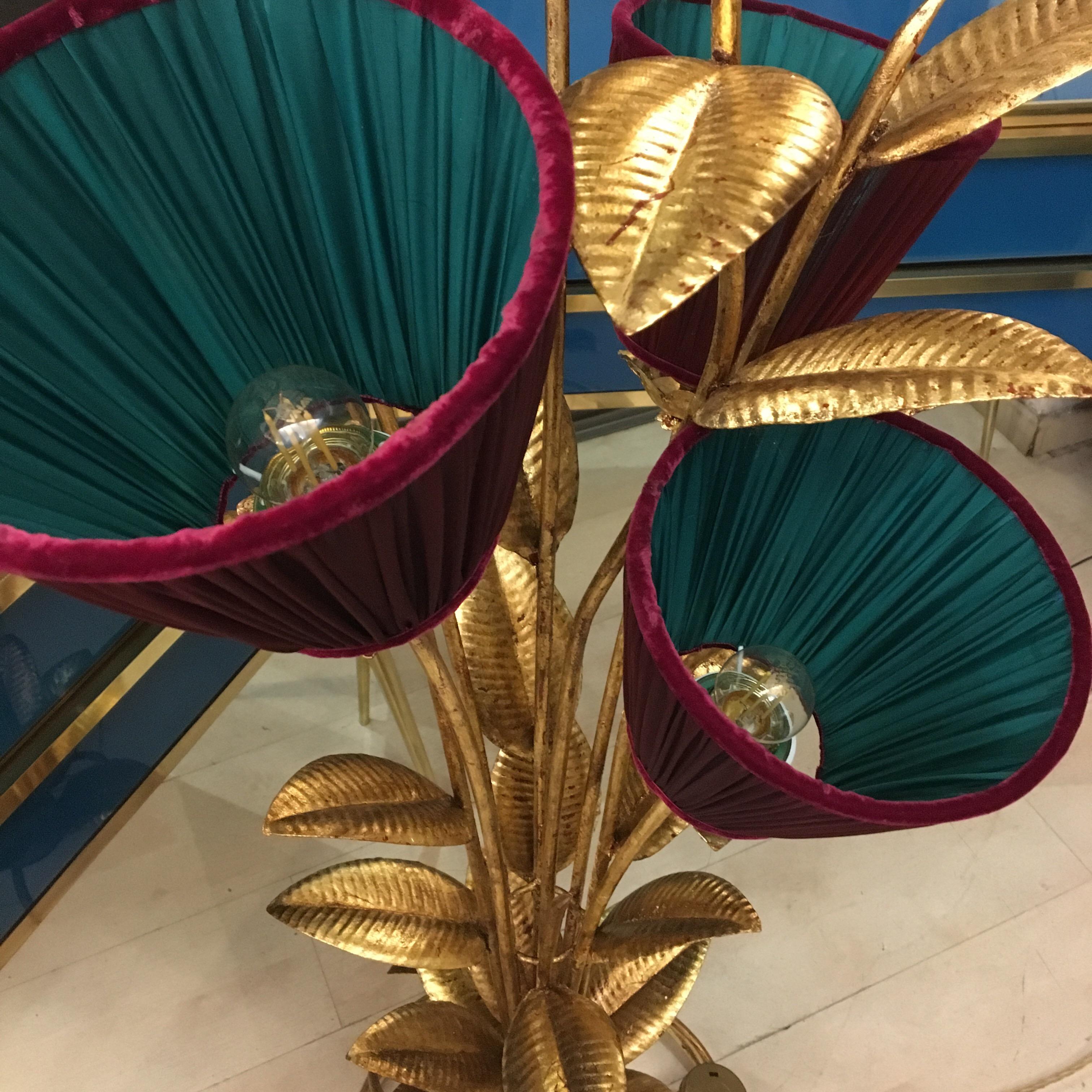 Gold Leaf Metal Floor Lamp Plant Shaped with Double Colored Lampshades, 1950s 10