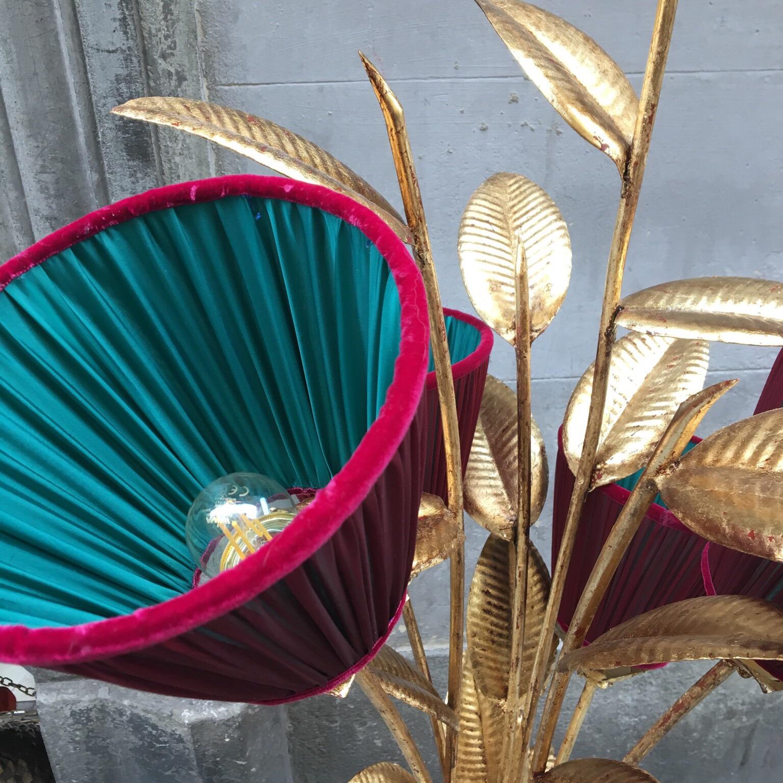Italian Gold Leaf Metal Floor Lamp Plant Shaped with Double Colored Lampshades, 1950s