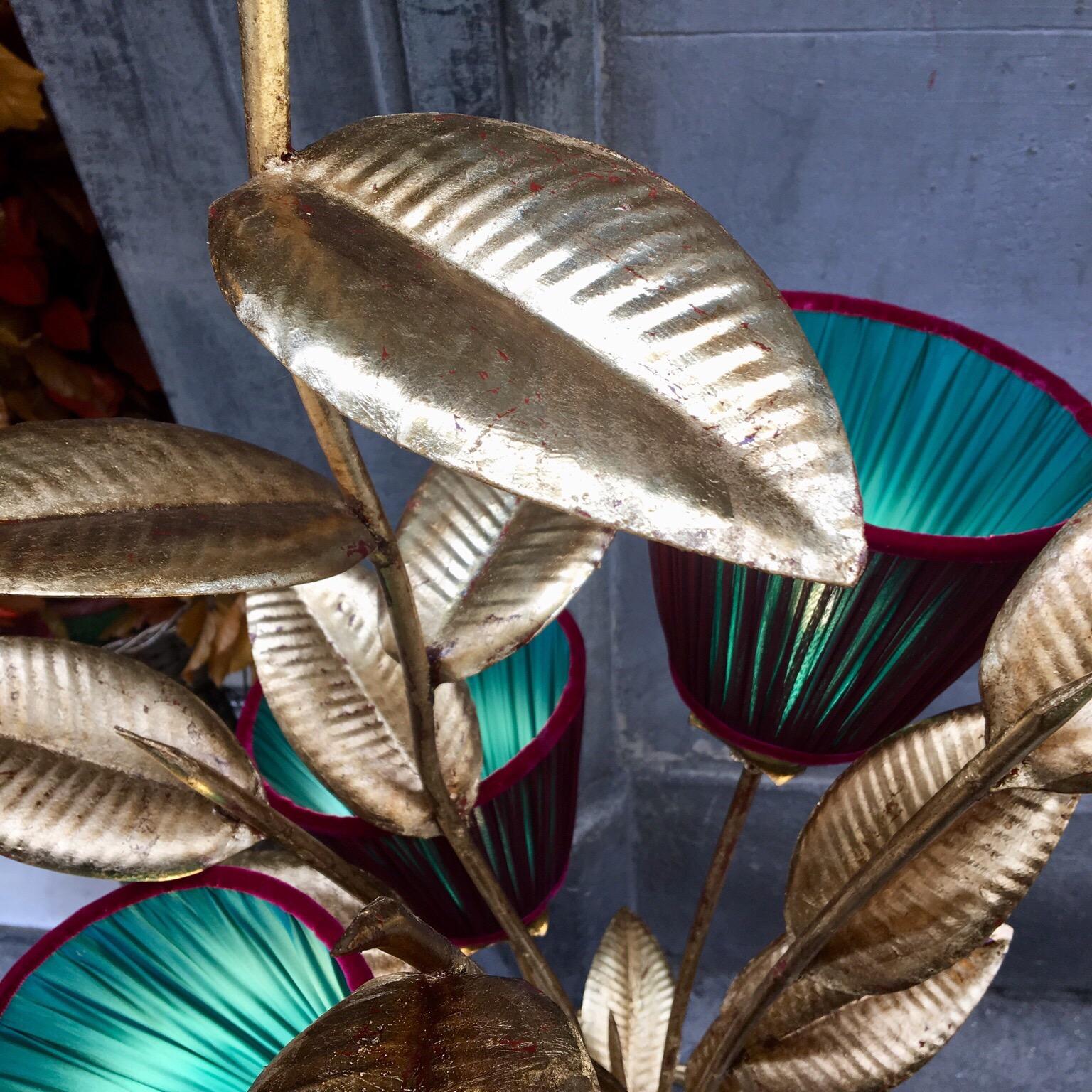 Mid-20th Century Gold Leaf Metal Floor Lamp Plant Shaped with Double Colored Lampshades, 1950s