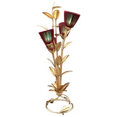 Gold Leaf Metal Floor Lamp Plant Shaped with Double Colored Lampshades, 1950s