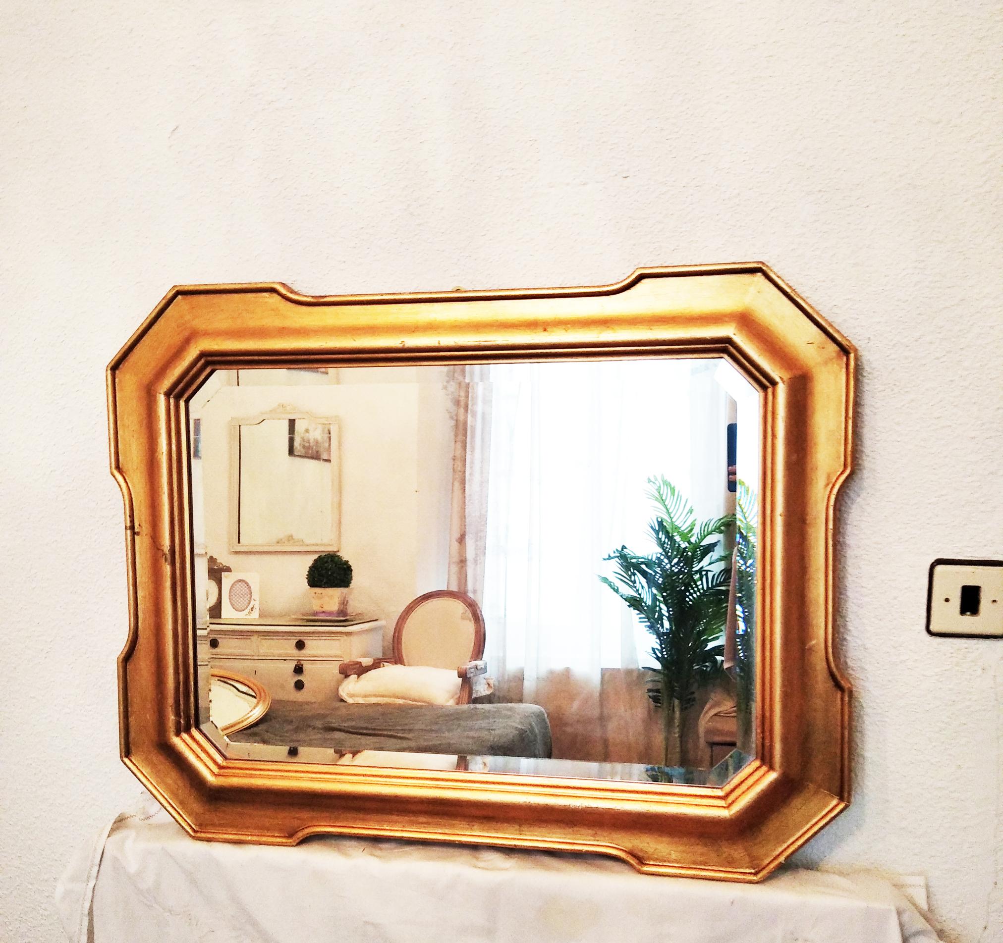 Mirror Gold Leaf Wood, With Beveled and Worn Glass, Horizontal or Vertical  70s For Sale 1