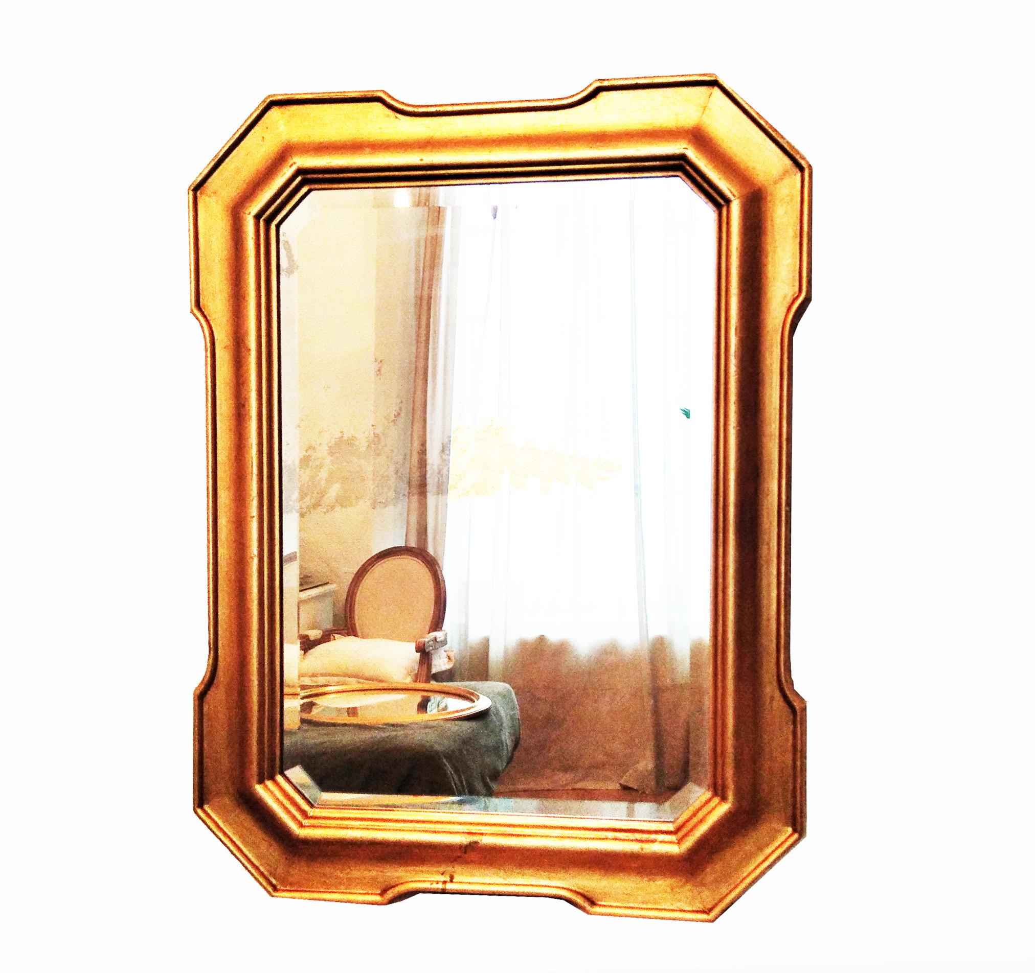 Mirror Gold Leaf Wood, With Beveled and Worn Glass, Horizontal or Vertical  70s For Sale 4