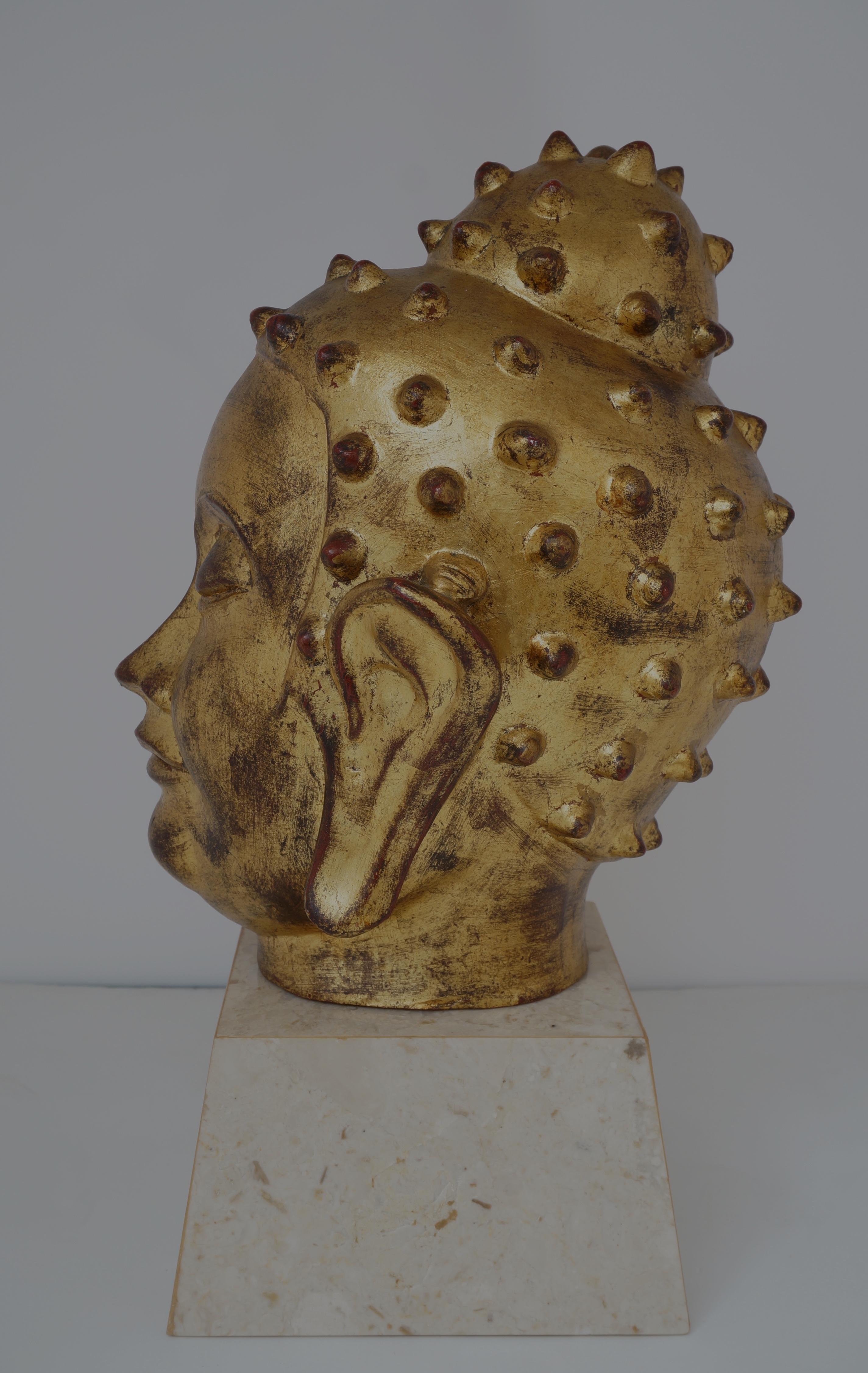 Gilt Gold Leaf on Terracotta Buddha Head For Sale