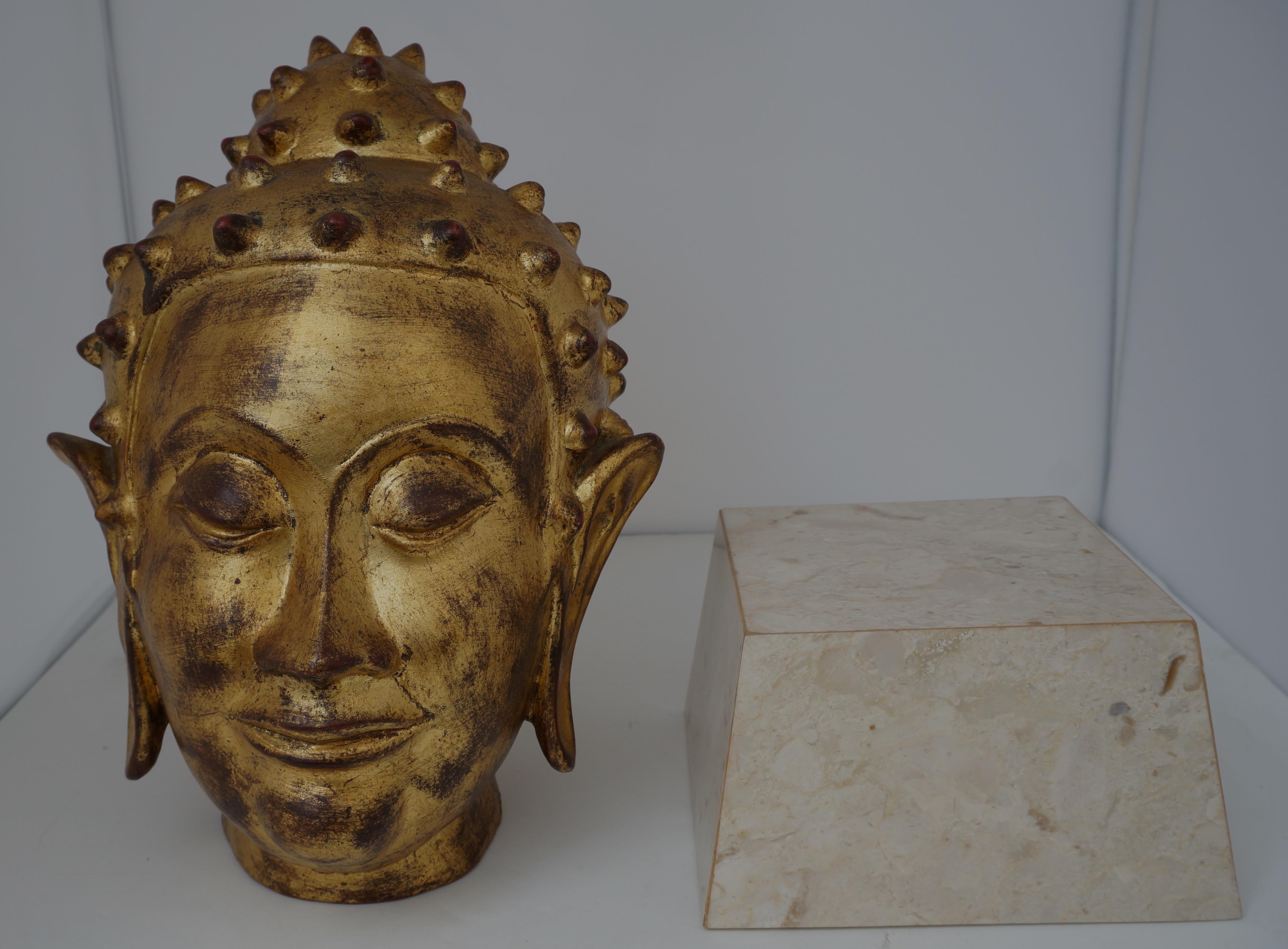 Gold Leaf on Terracotta Buddha Head In Good Condition For Sale In West Palm Beach, FL