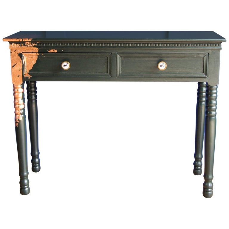 Gold Leaf Painted Console Table With Turned Country Style Legs In Studio Green