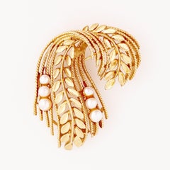 Gold Leaf & Pearl Motif Brooch By Lisner, 1960s