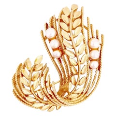 Retro Gold Leaf & Pearl Motif Brooch By Lisner, 1960s
