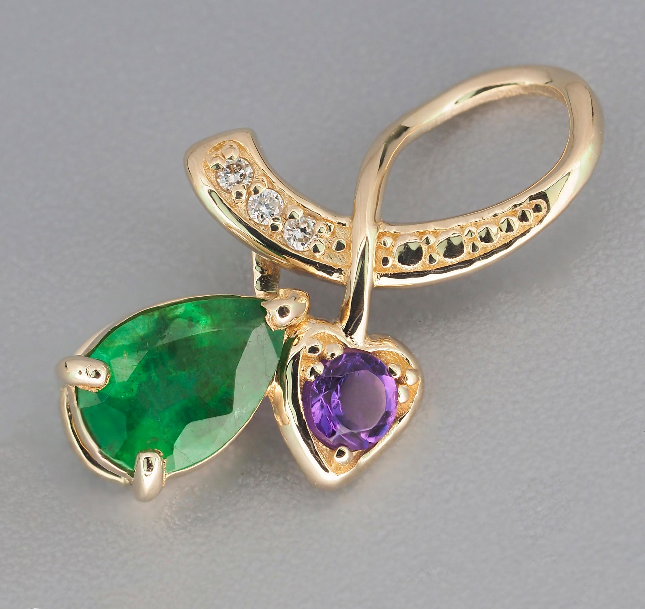 Gold Leaf pendant with Emerald. 
Emerald, amethyst, diamonds 14k gold pendant. Teardrop Emerald Pendant. Simple, everyday emerald pendant.

Weight: 0.8 g.
Metal - 14k gold
Pendant size in mm - 16.4x9.5 mm.

Central stone: Emerald
Cut: pear
Weight: