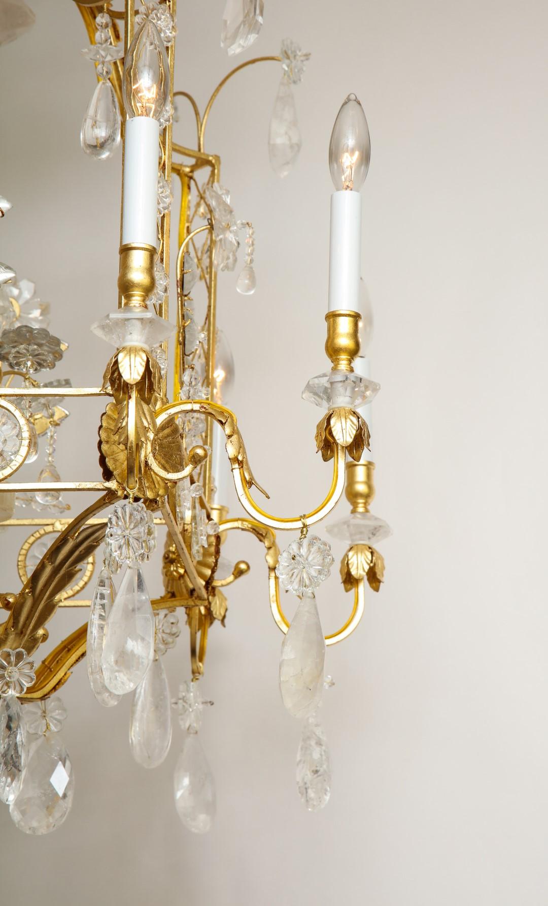 Louis XVI Style Rock Crystal Chandelier, Gold Gilt Metal Finish, New In New Condition In New York, NY
