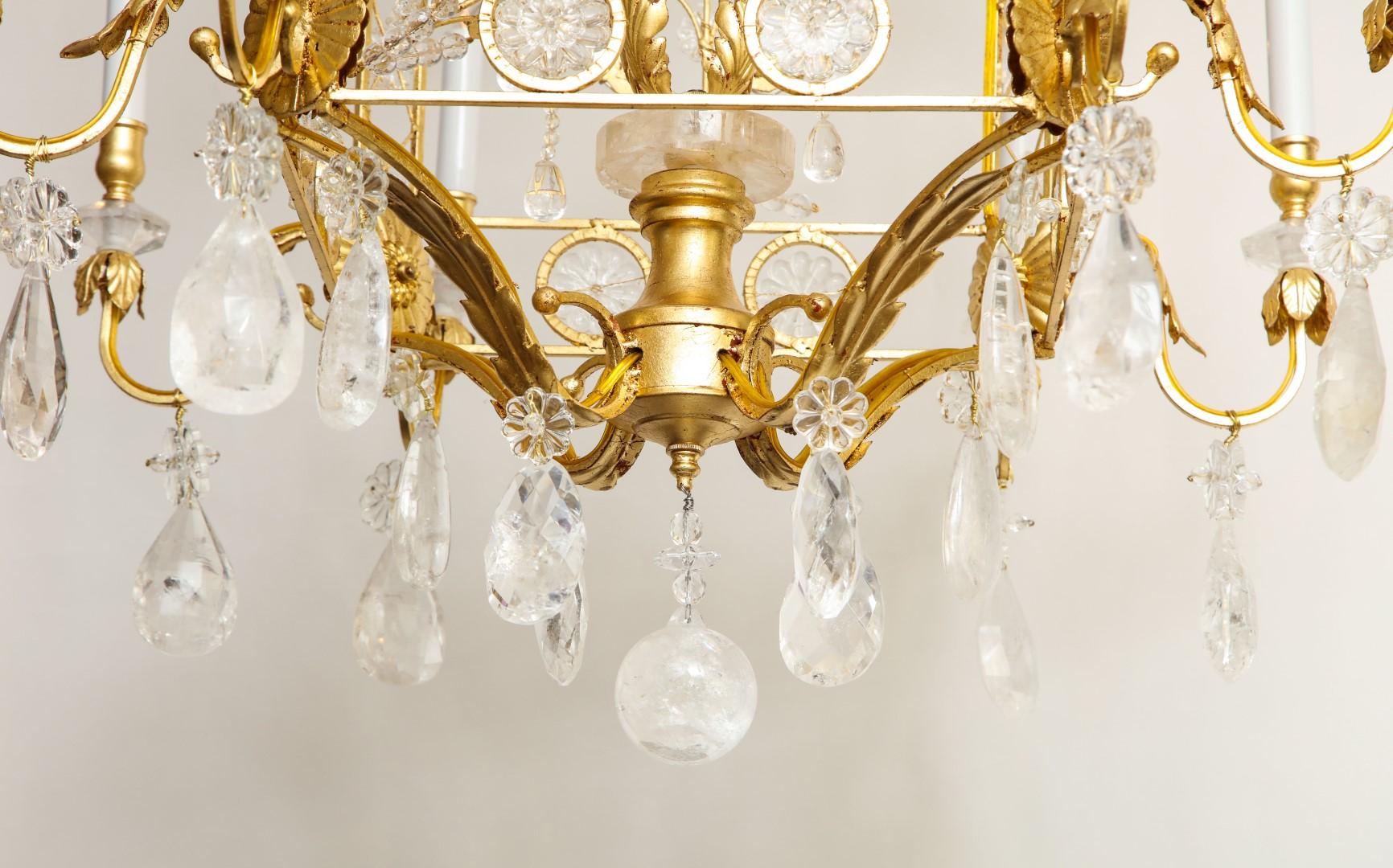 Contemporary Louis XVI Style Rock Crystal Chandelier, Gold Gilt Metal Finish, New
