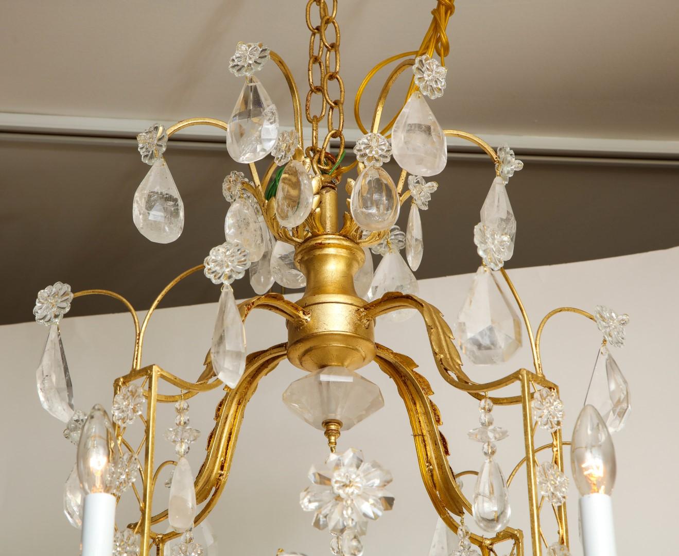 Louis XVI Style Rock Crystal Chandelier, Gold Gilt Metal Finish, New 1