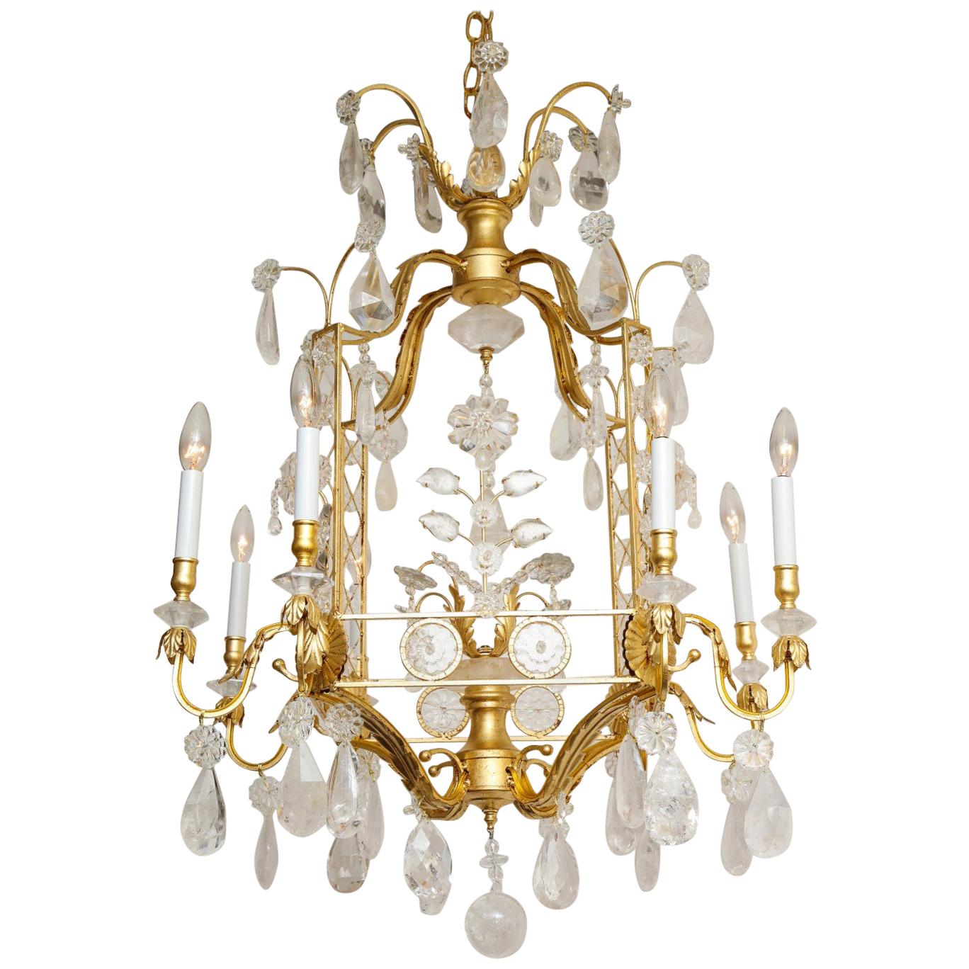 Louis XVI Style Rock Crystal Chandelier, Gold Gilt Metal Finish, New