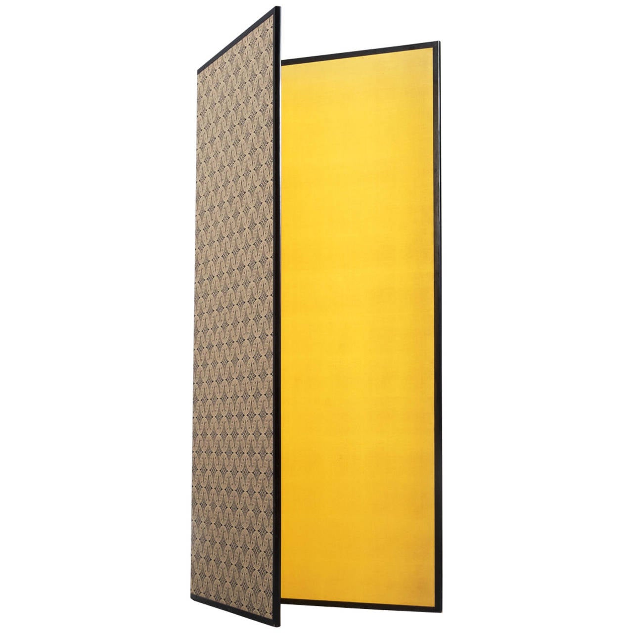 Room screen, gold leaf and lacquered wood, France, 1960s

Gold leaf folding screen from French origin. The two panels are carefully decorated with a nice pattern and gold leaf. Real leaf imprint. This compact paravent is very functional to use as