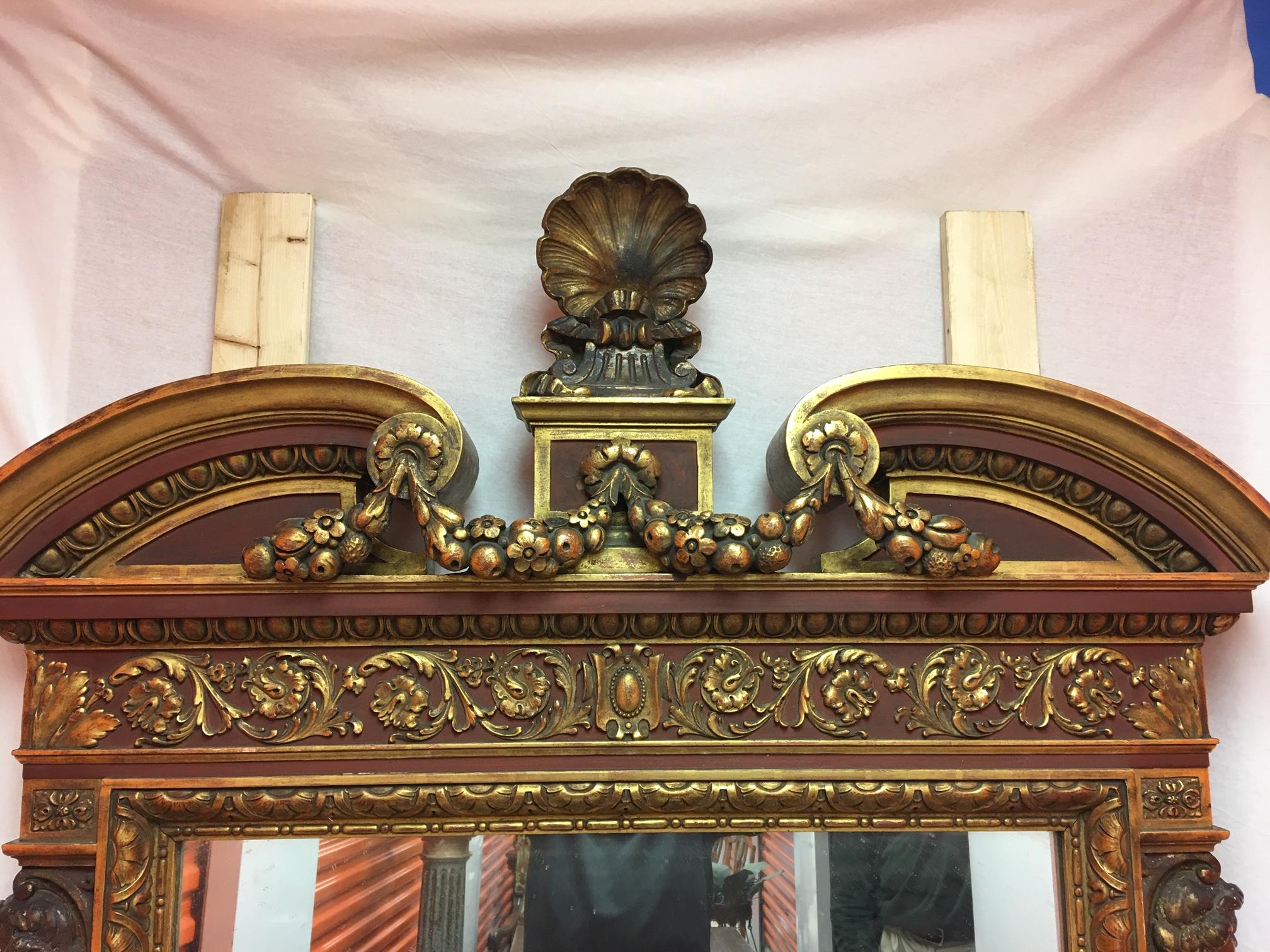 Gold Leaf Wood Carved Mirror with Figures on Each Side and Top Shell, circa 1890 4