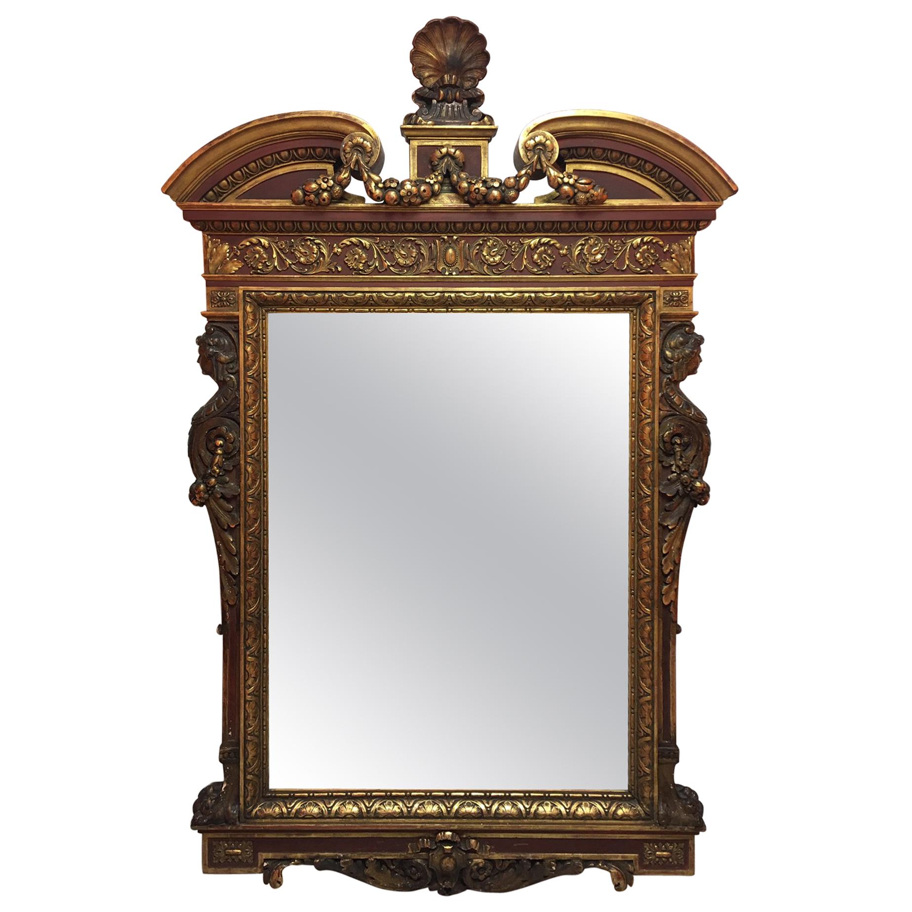Gold Leaf Wood Carved Mirror with Figures on Each Side and Top Shell, circa 1890