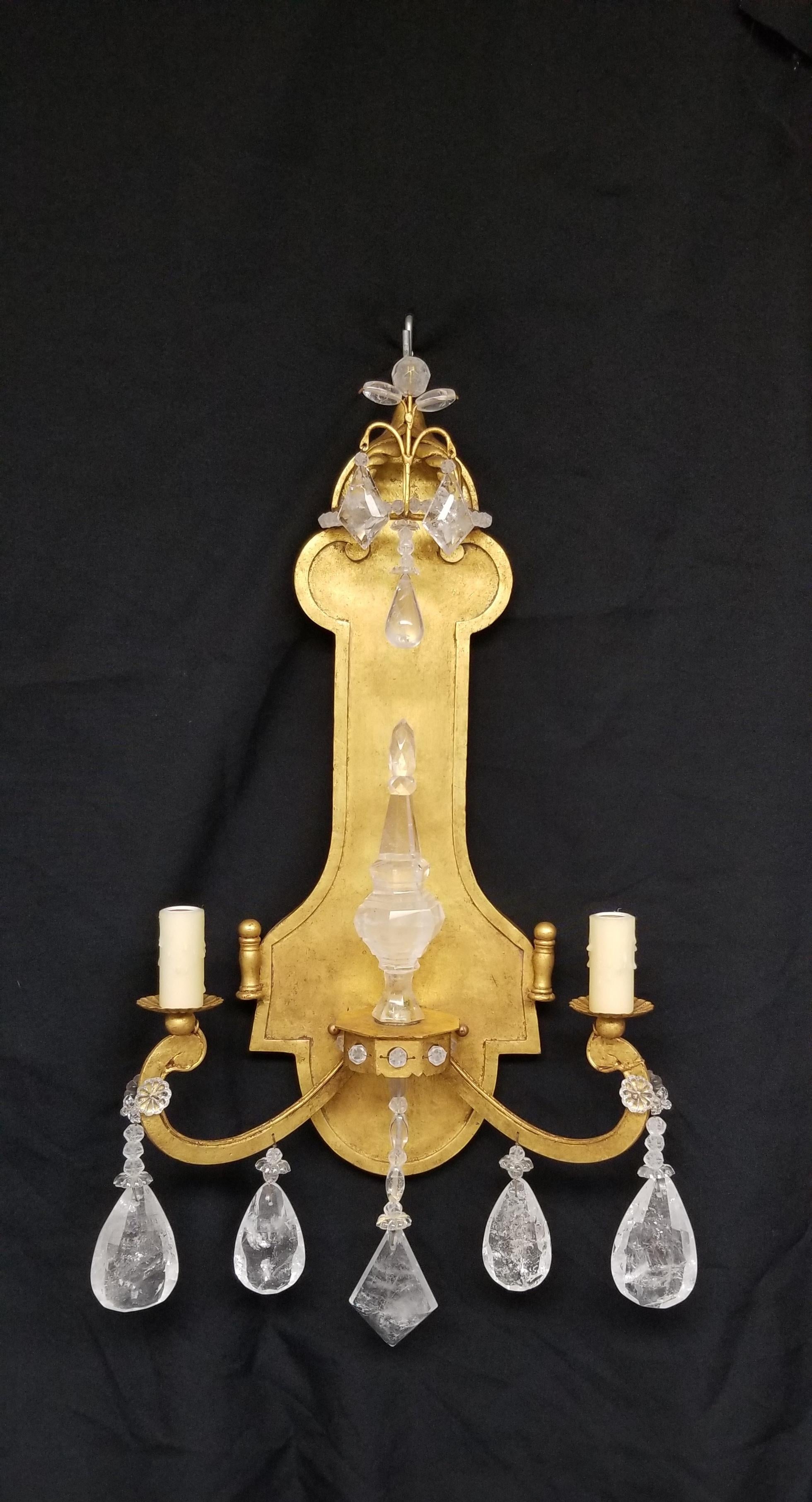 Gold Leafed Rock Crystal Sconces In Excellent Condition For Sale In Cypress, CA