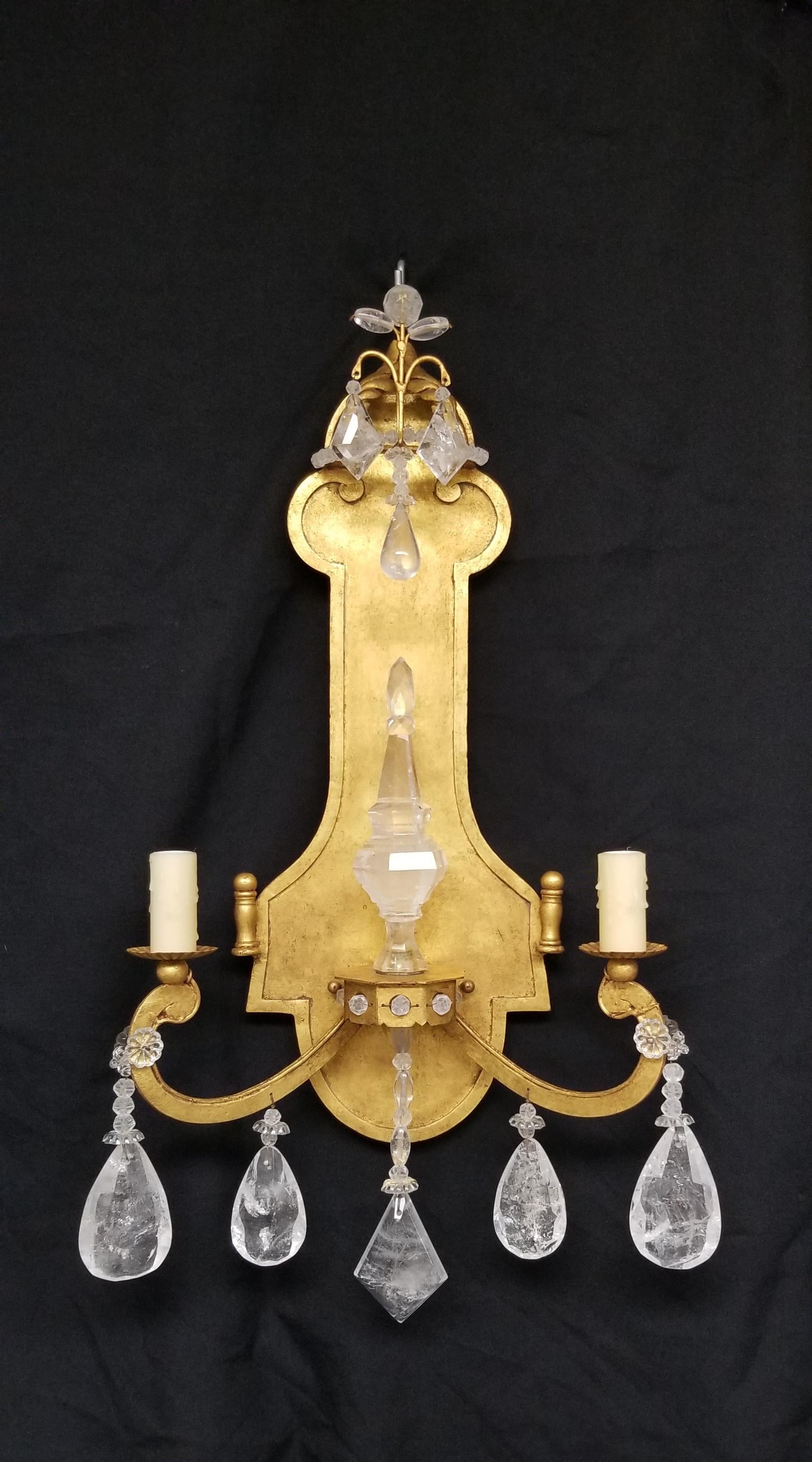 Wrought Iron Gold Leafed Rock Crystal Sconces For Sale