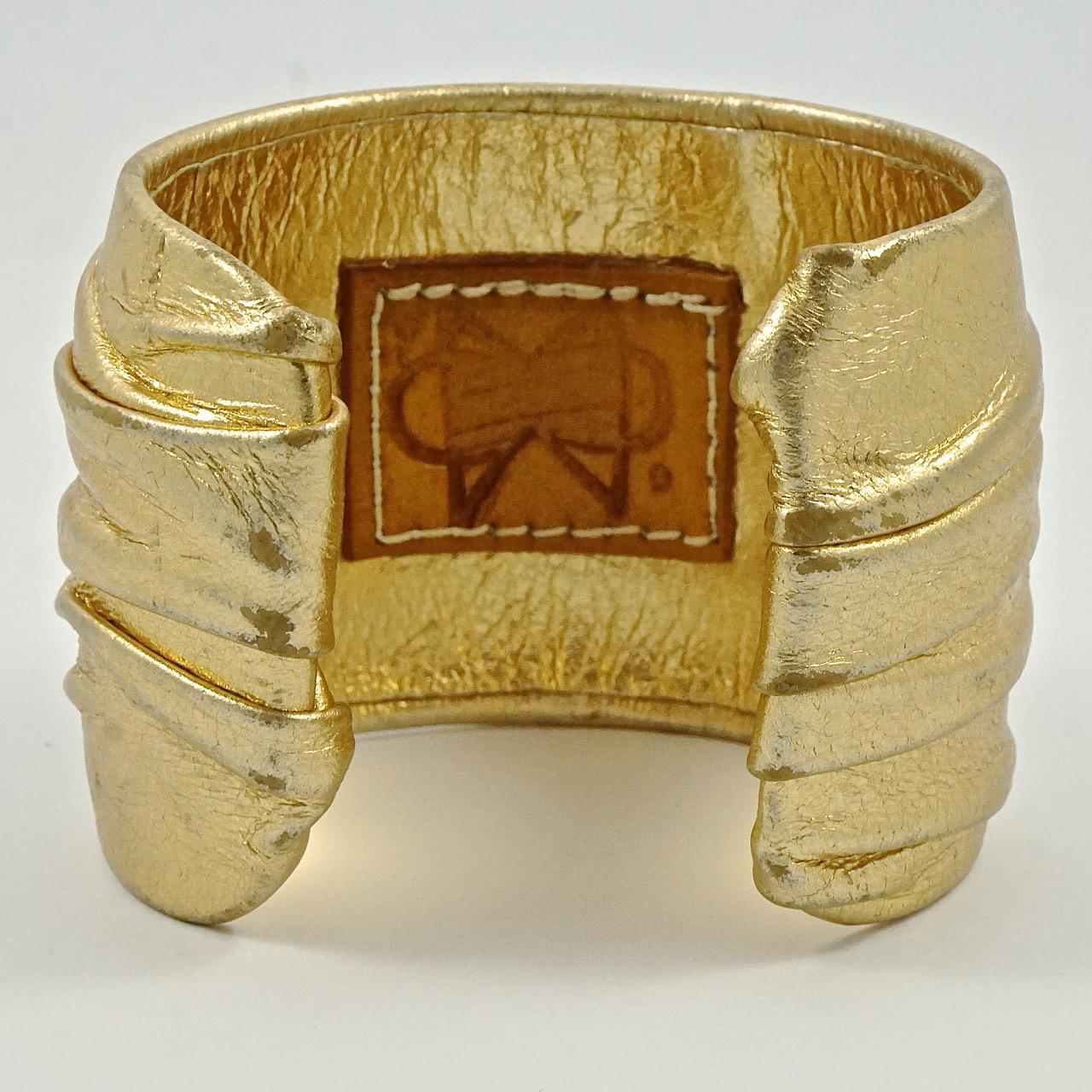 Gold Leather Covered Bangle Cuff Bracelet circa 1970s In Good Condition In London, GB