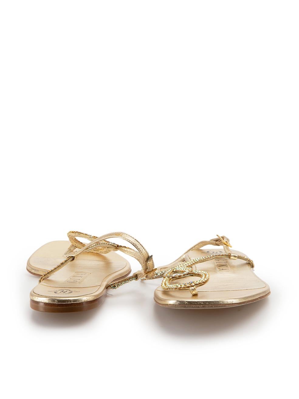 Gold Leather Crystal Embellished Sandals Size UK 5.5 In Good Condition For Sale In London, GB