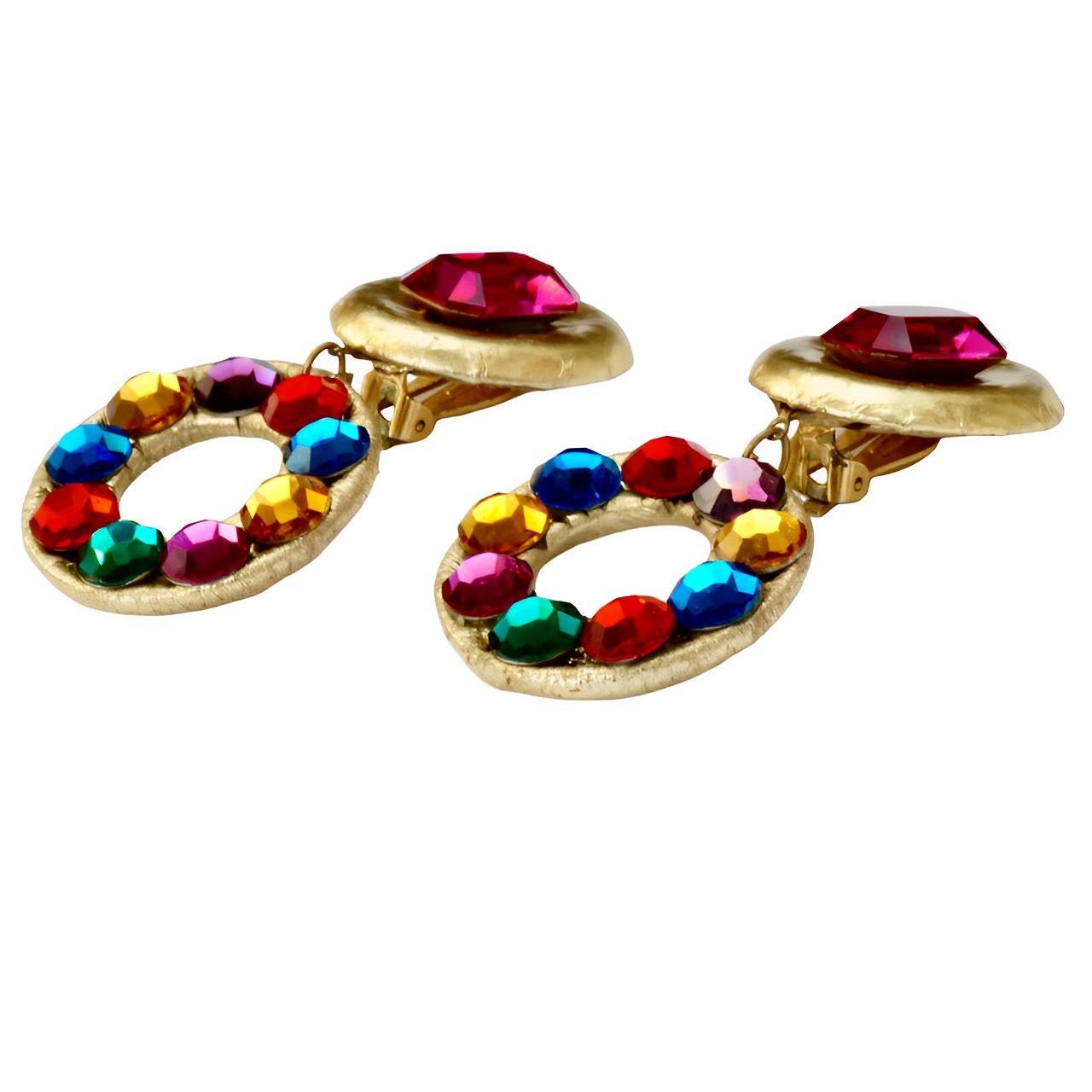 Women's or Men's Gold Leather Drop Clip On Earrings with Multi Coloured Glass Rhinestones For Sale