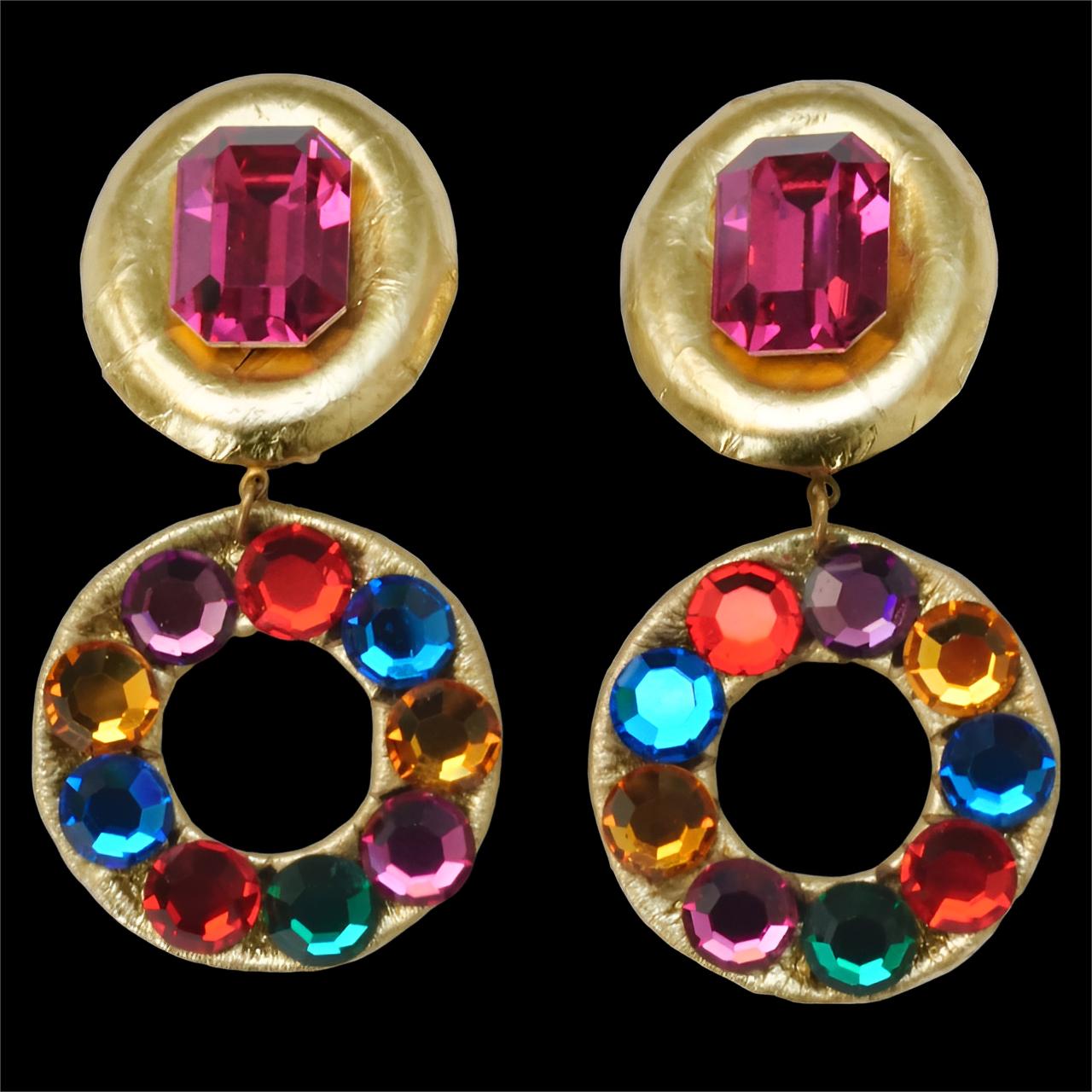 Gold Leather Drop Clip On Earrings with Multi Coloured Glass Rhinestones For Sale 1