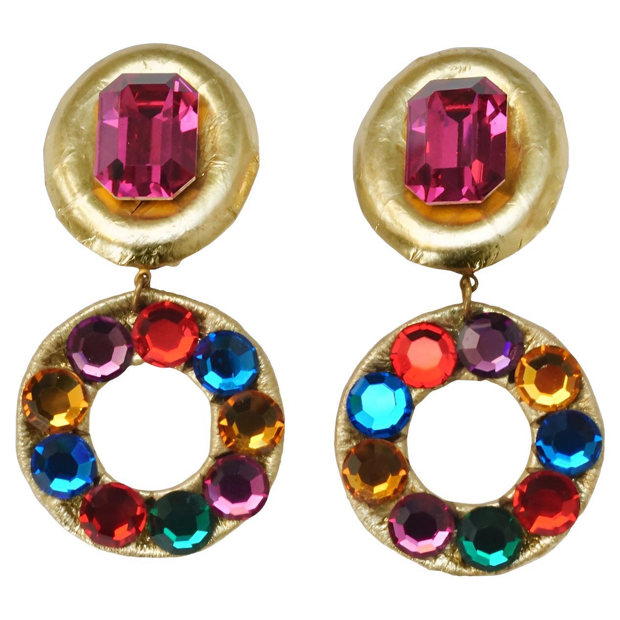 Gold Leather Drop Clip On Earrings with Multi Coloured Glass Rhinestones For Sale