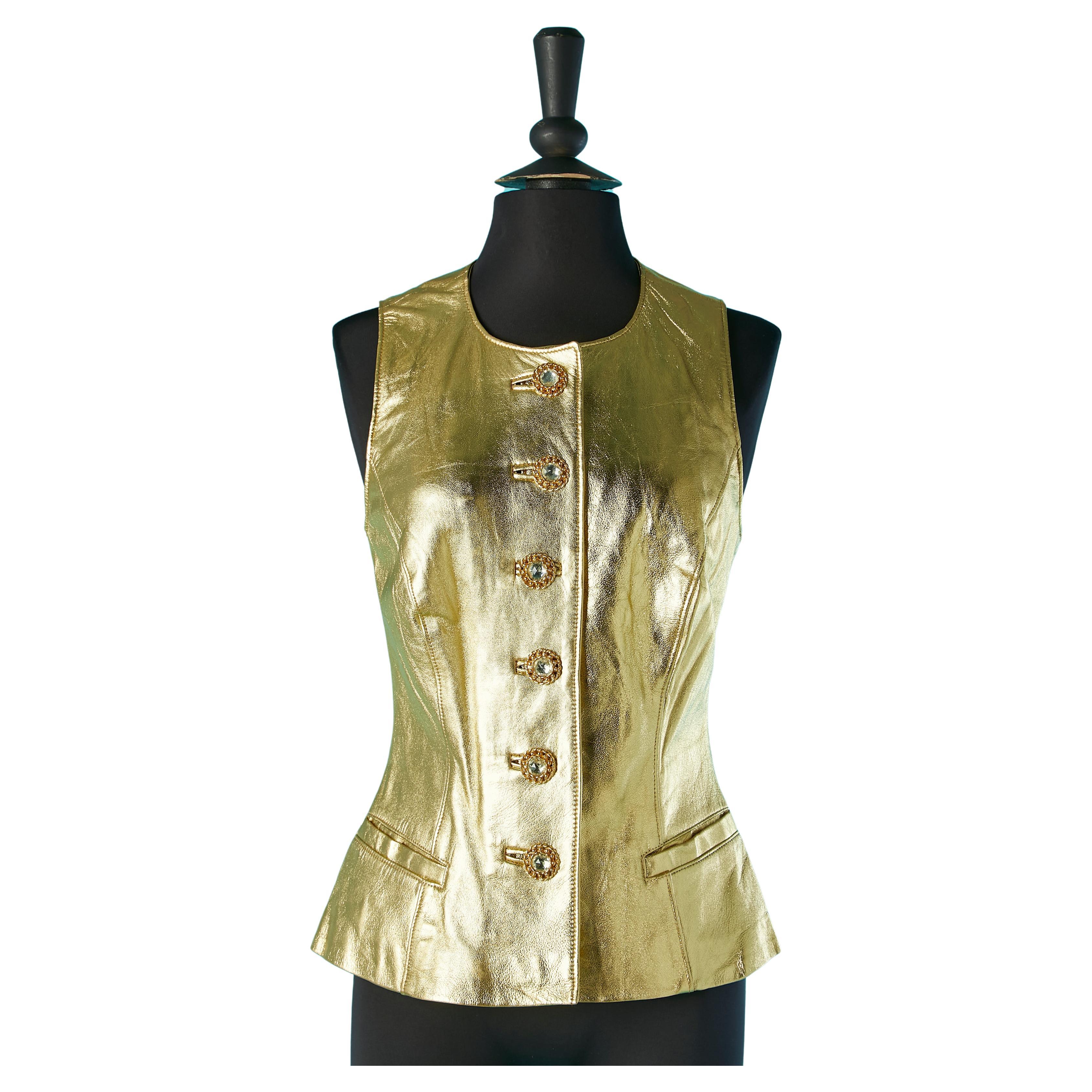 Gold leather evening vest with jewellery buttons Circa 1980's  For Sale