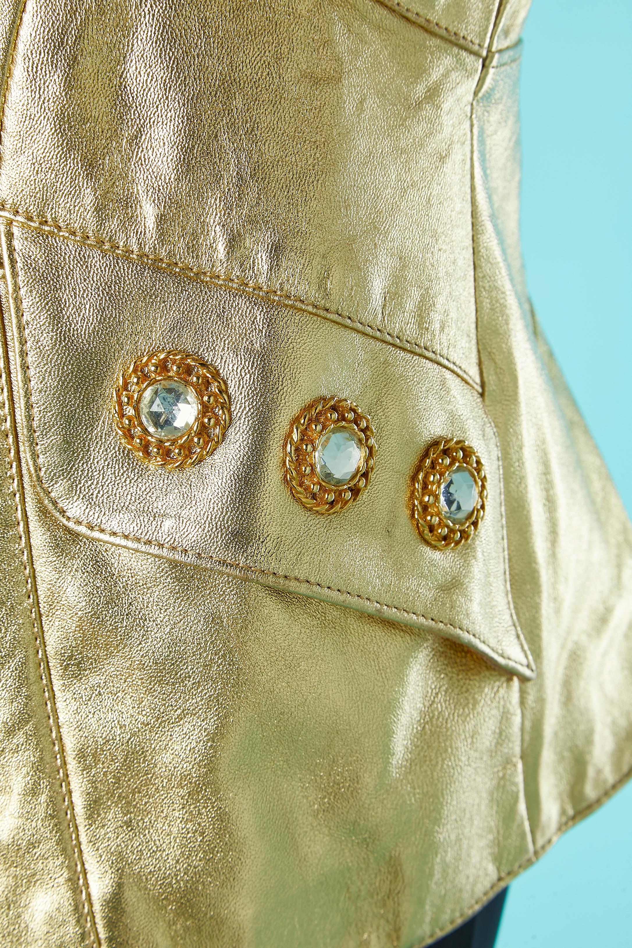 Brown Gold leather jacket with glass cabochons and metal Circa 1980's  For Sale