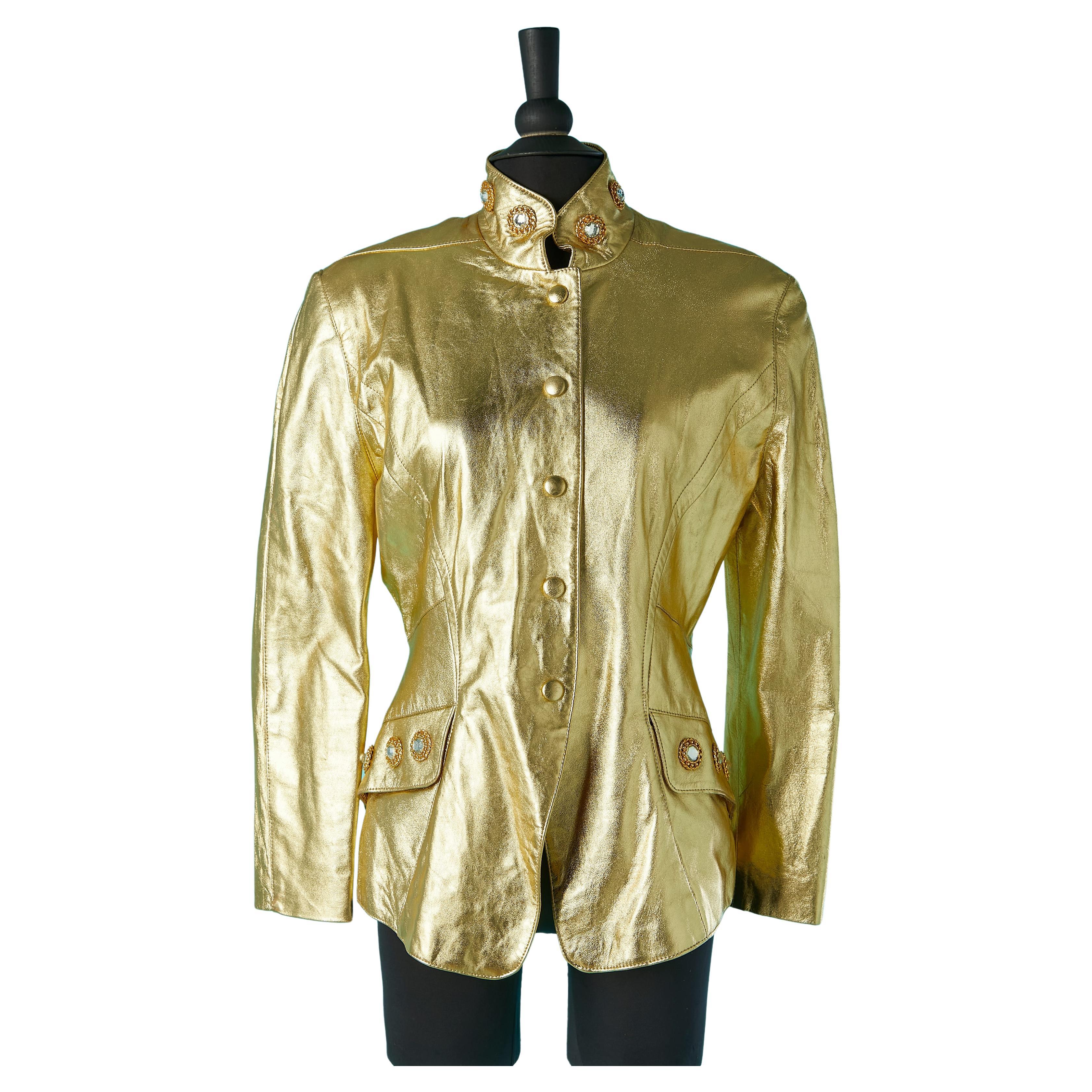 Gold leather jacket with glass cabochons and metal Circa 1980's 