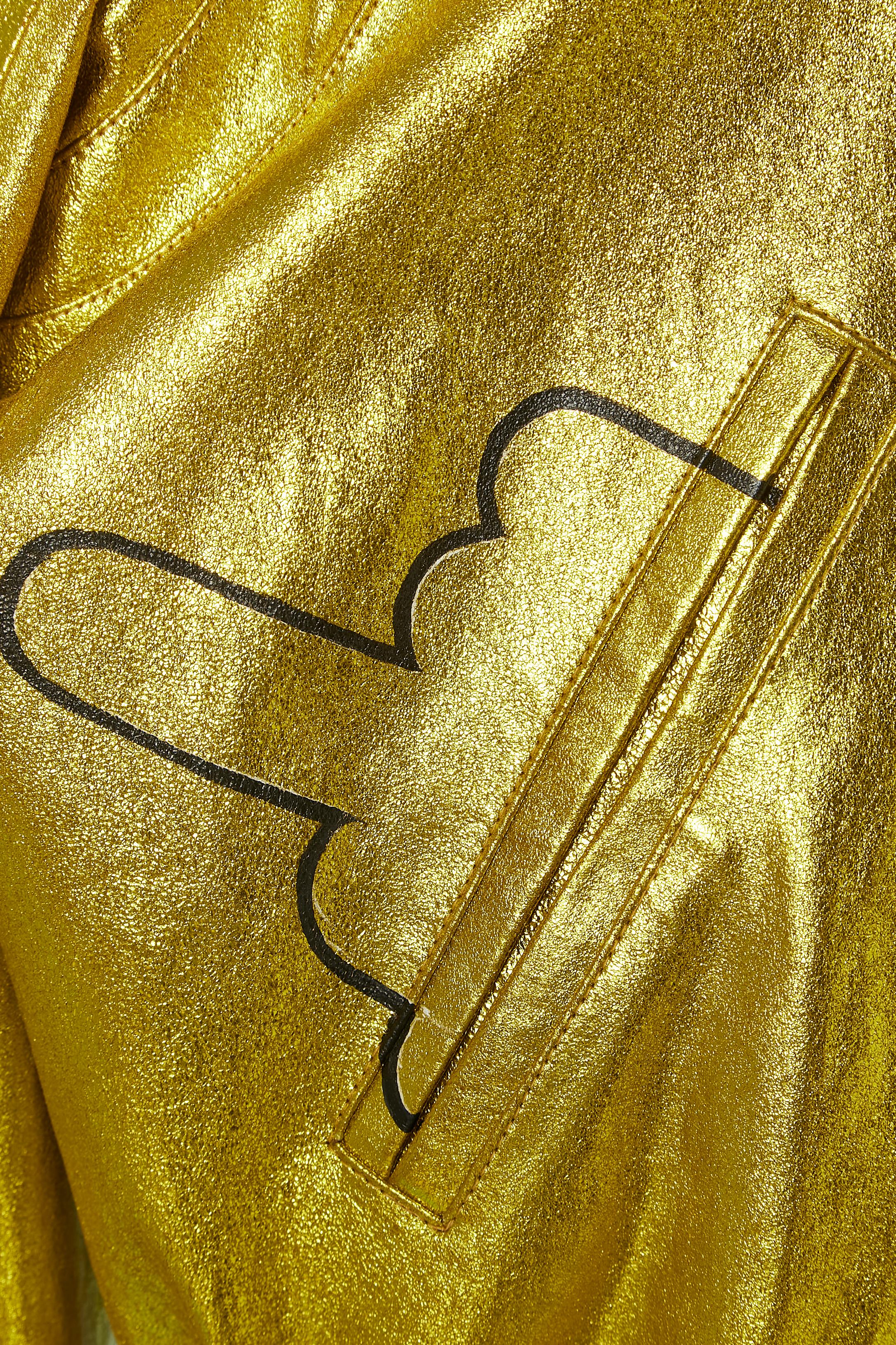 Brown Gold leather jacket with Grafittis and paint on the back JITROIS New For Sale
