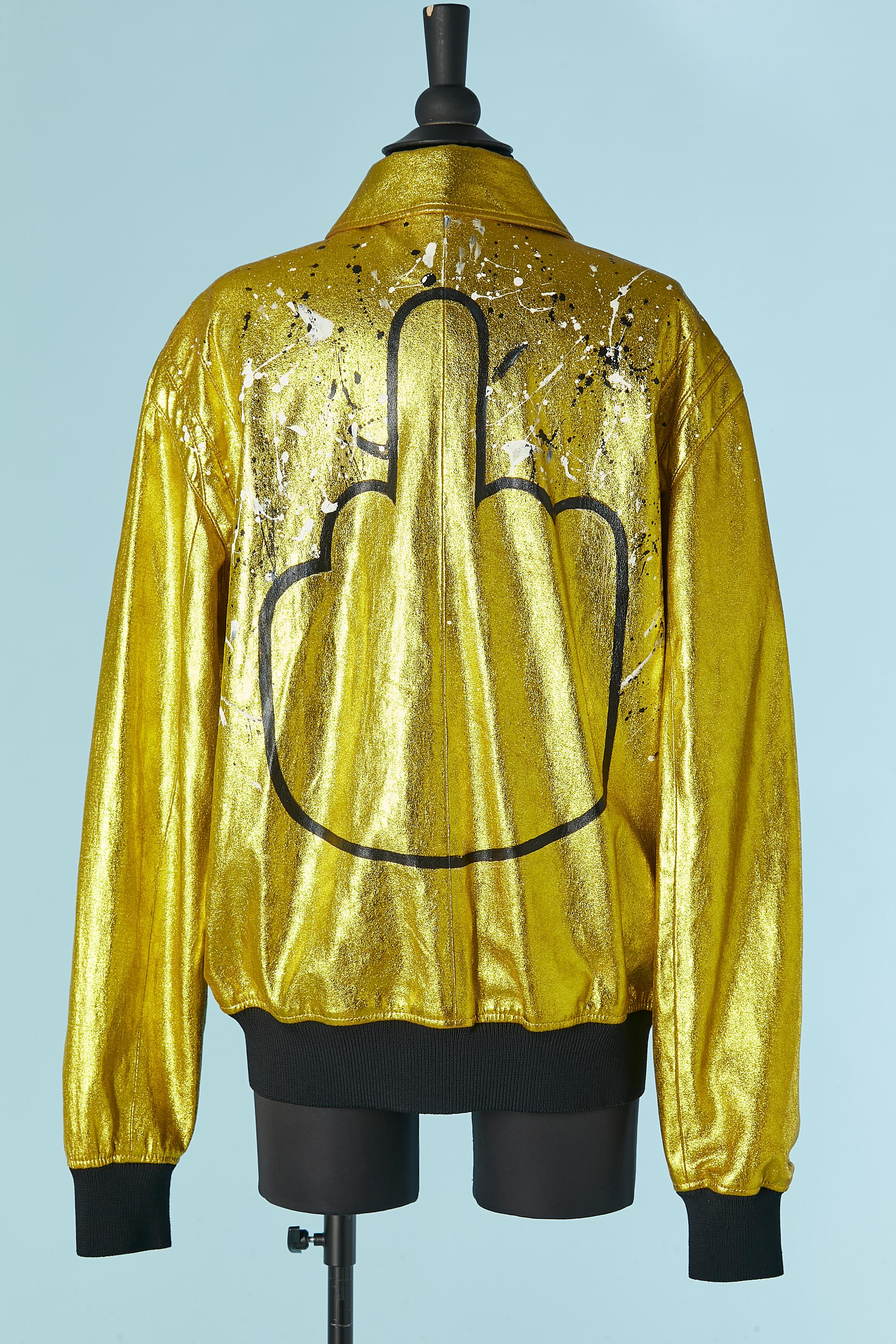 Gold leather jacket with Grafittis and paint on the back JITROIS New For Sale 1