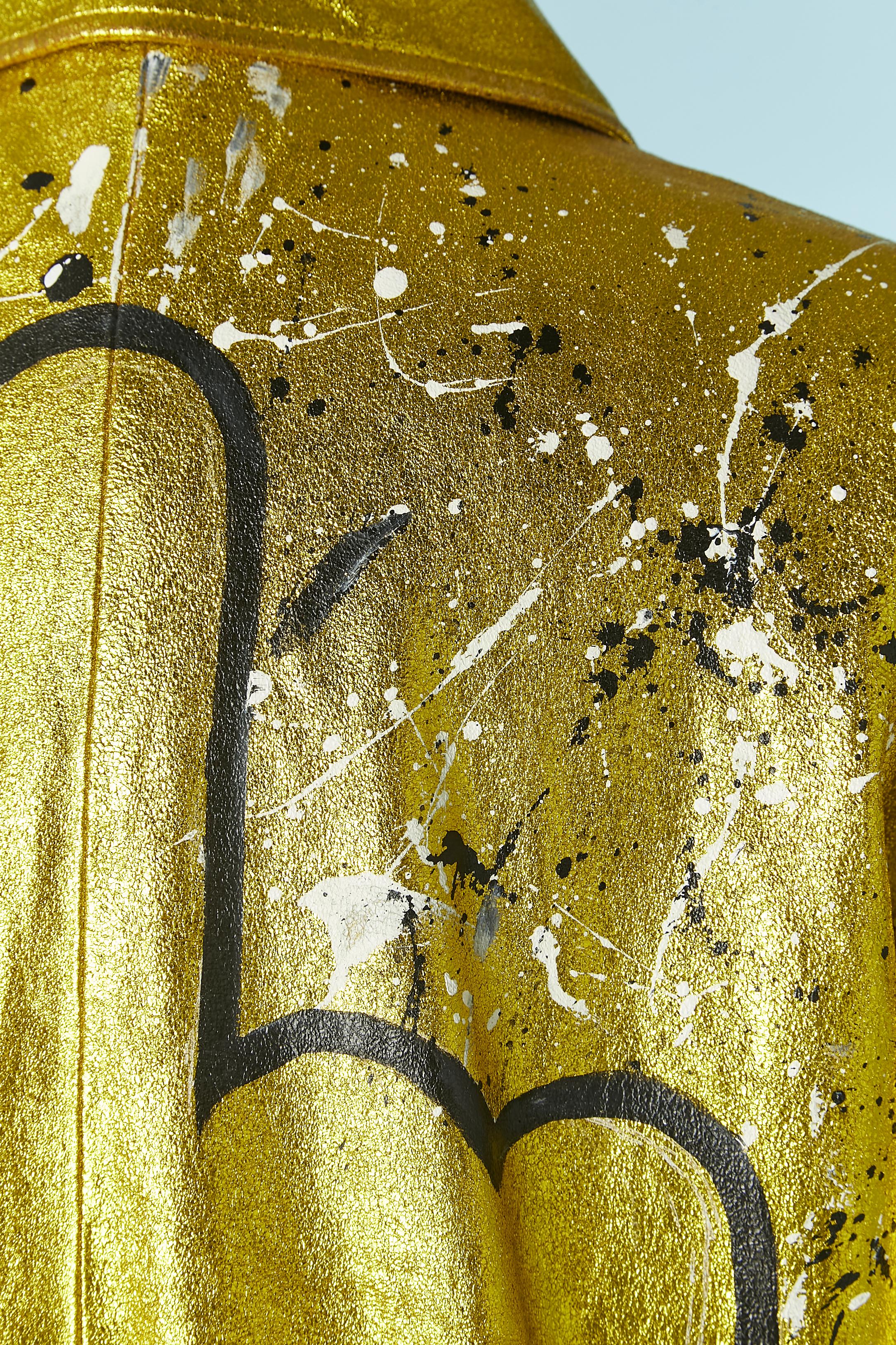 Gold leather jacket with Grafittis and paint on the back JITROIS New For Sale 2