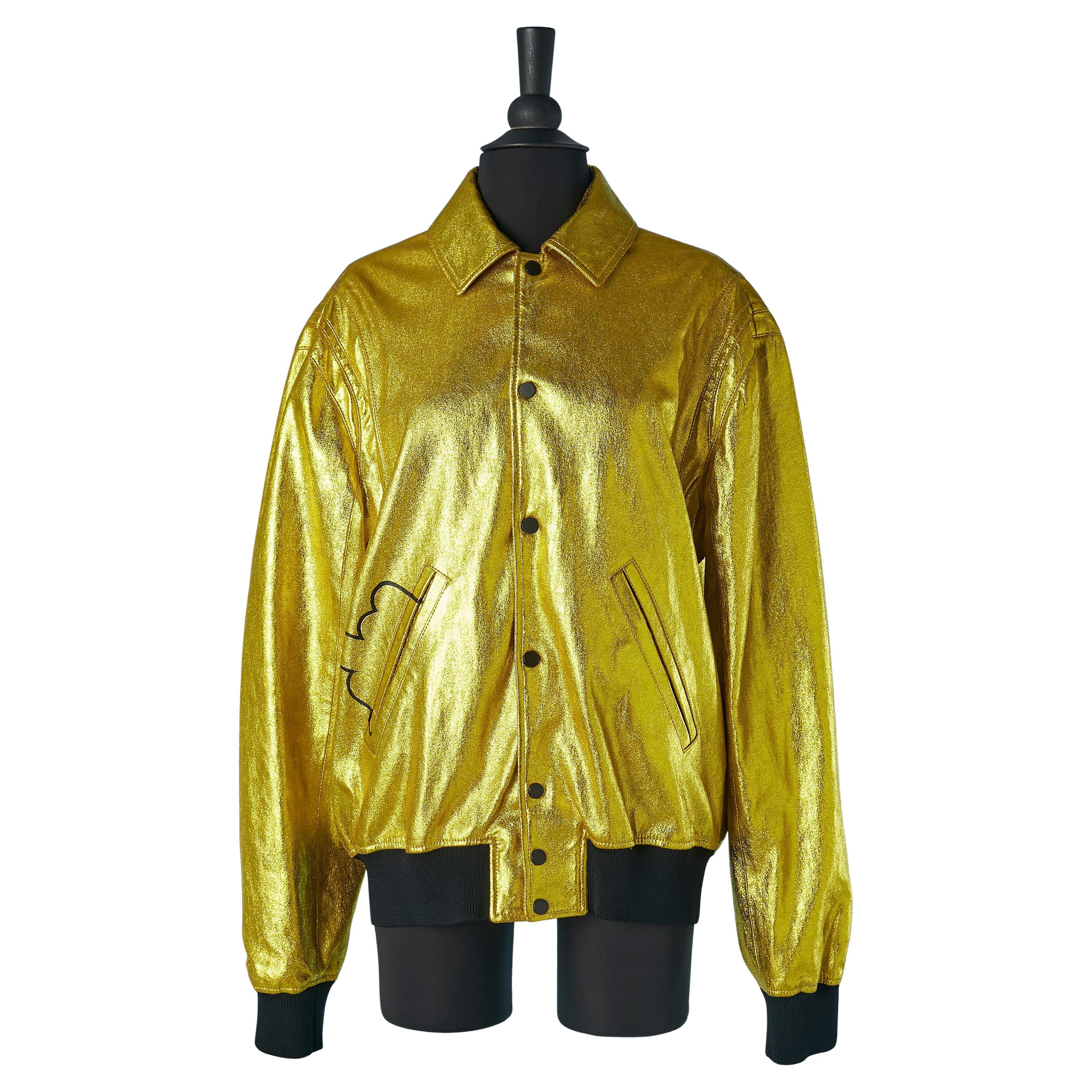 Gold leather jacket with Grafittis and paint on the back JITROIS New For Sale