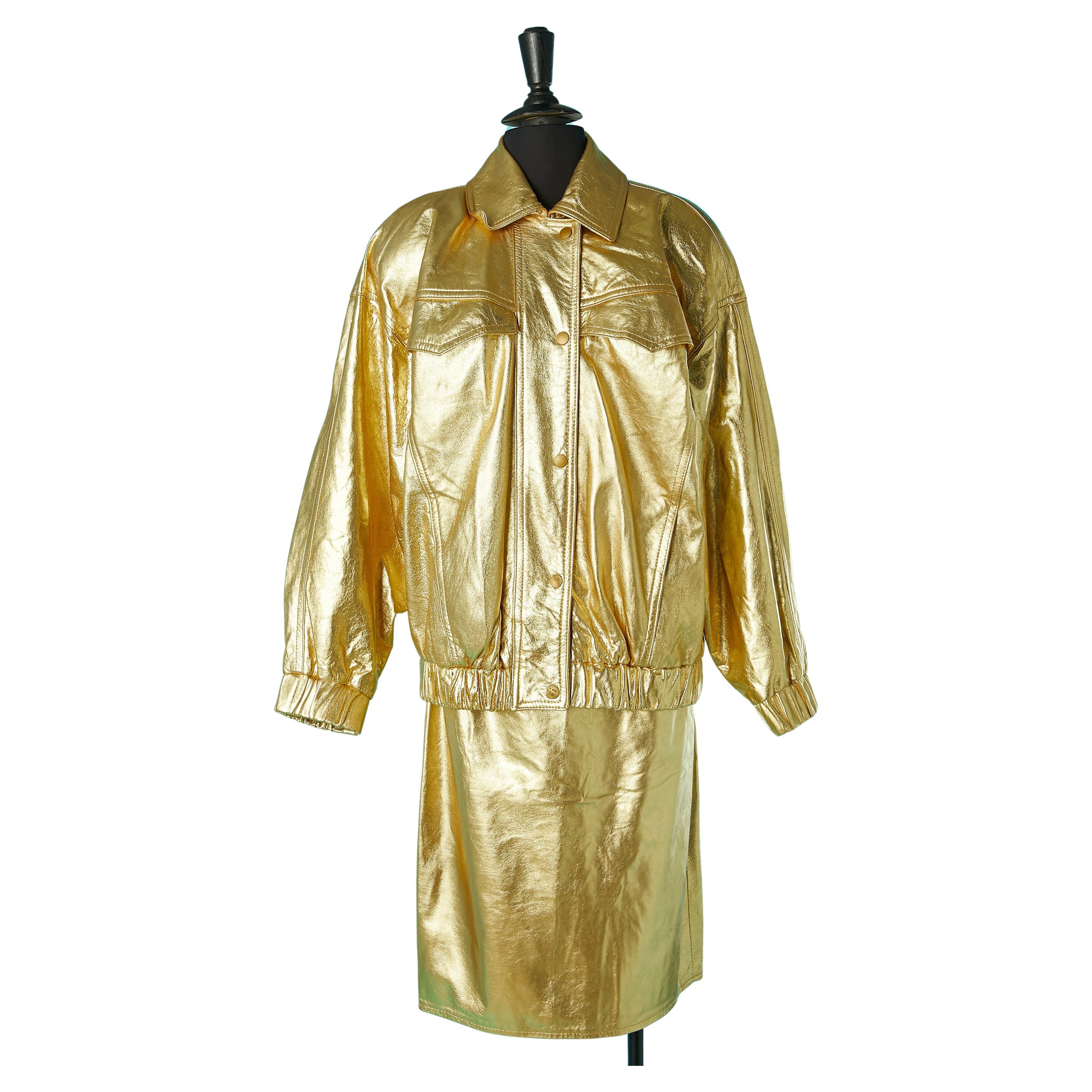 Gold leather skirt-suit VAKKO  For Sale
