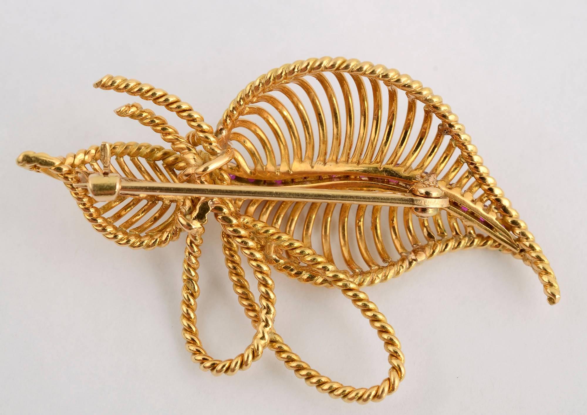 Women's or Men's Gold Leaves Brooch Tied with Bow For Sale